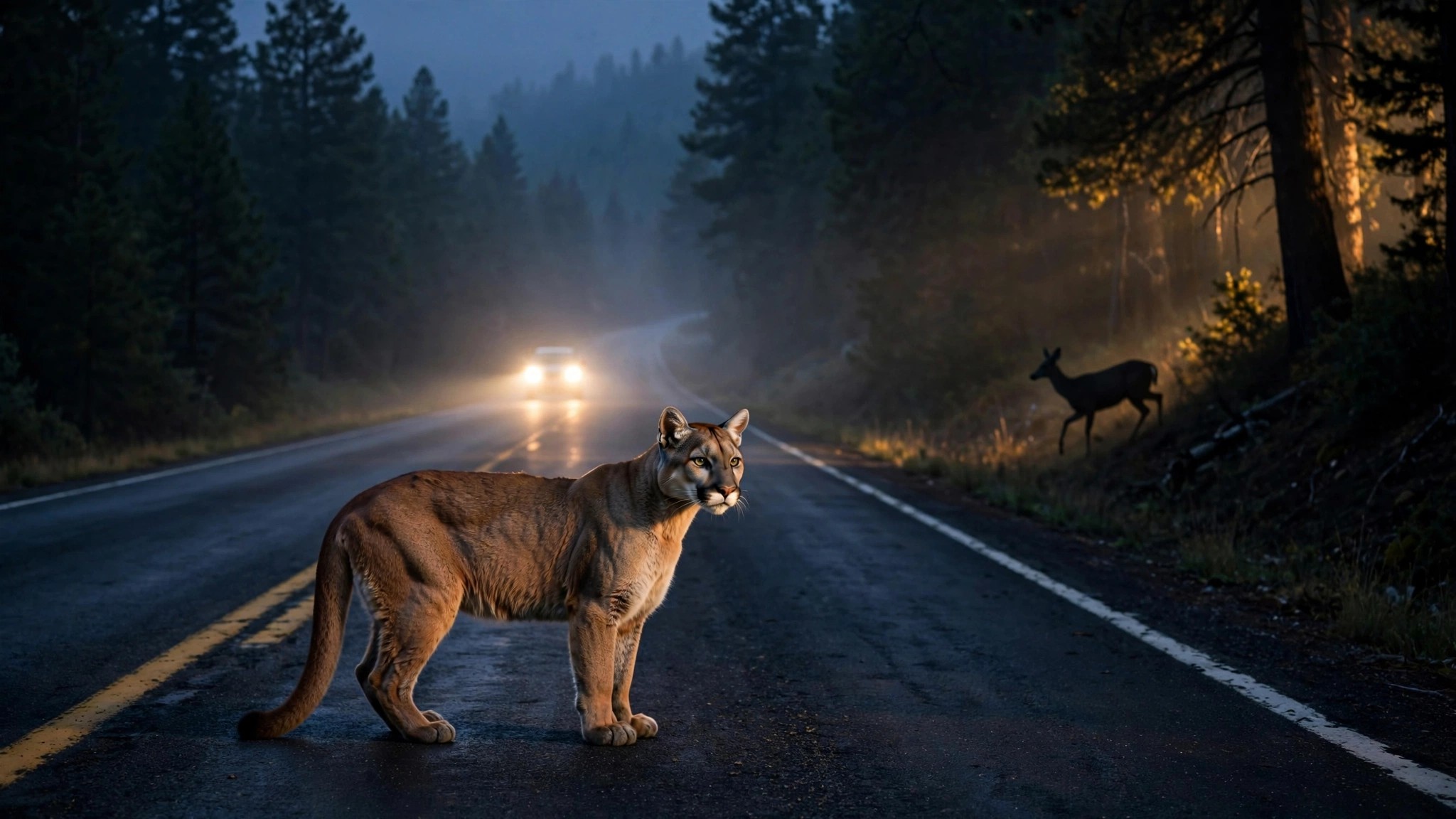 Mountain lion on highway at twilight with deer retreating