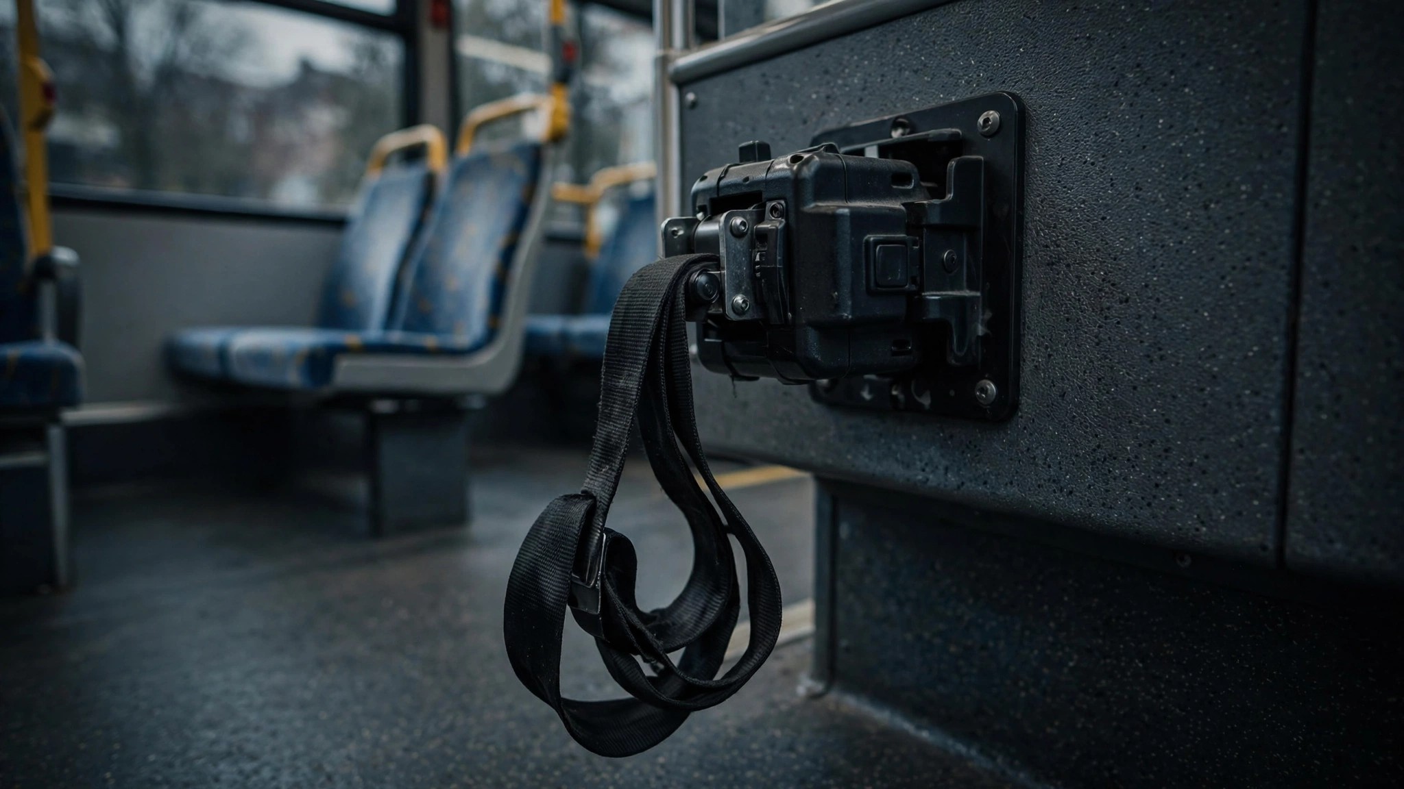 Close-up of a wheelchair restraint retractor inside a transit bus, strap hanging loose