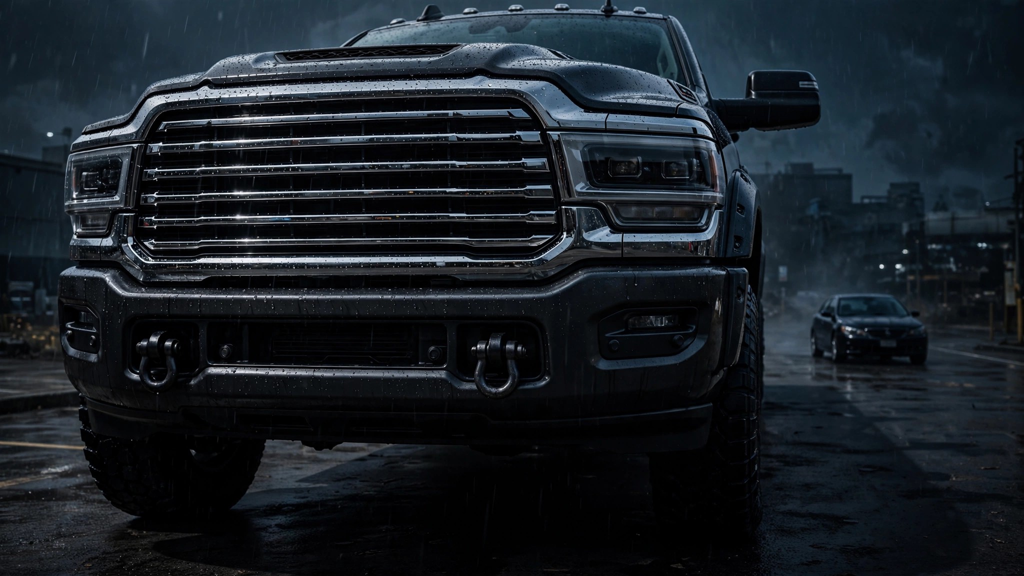 Massive Ram 2500 pickup truck towering over a small sedan