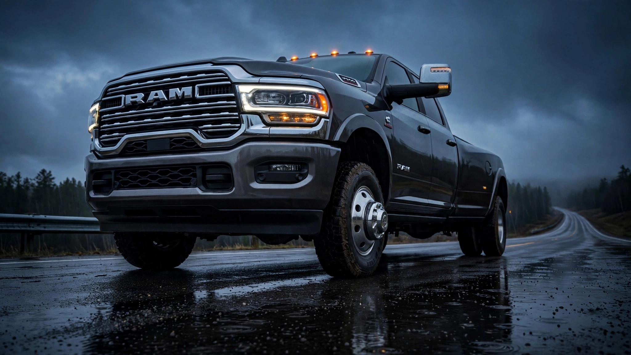 Heavy-duty pickup truck towering over a small car, illustrating the size disparity in vehicle crash fatalities