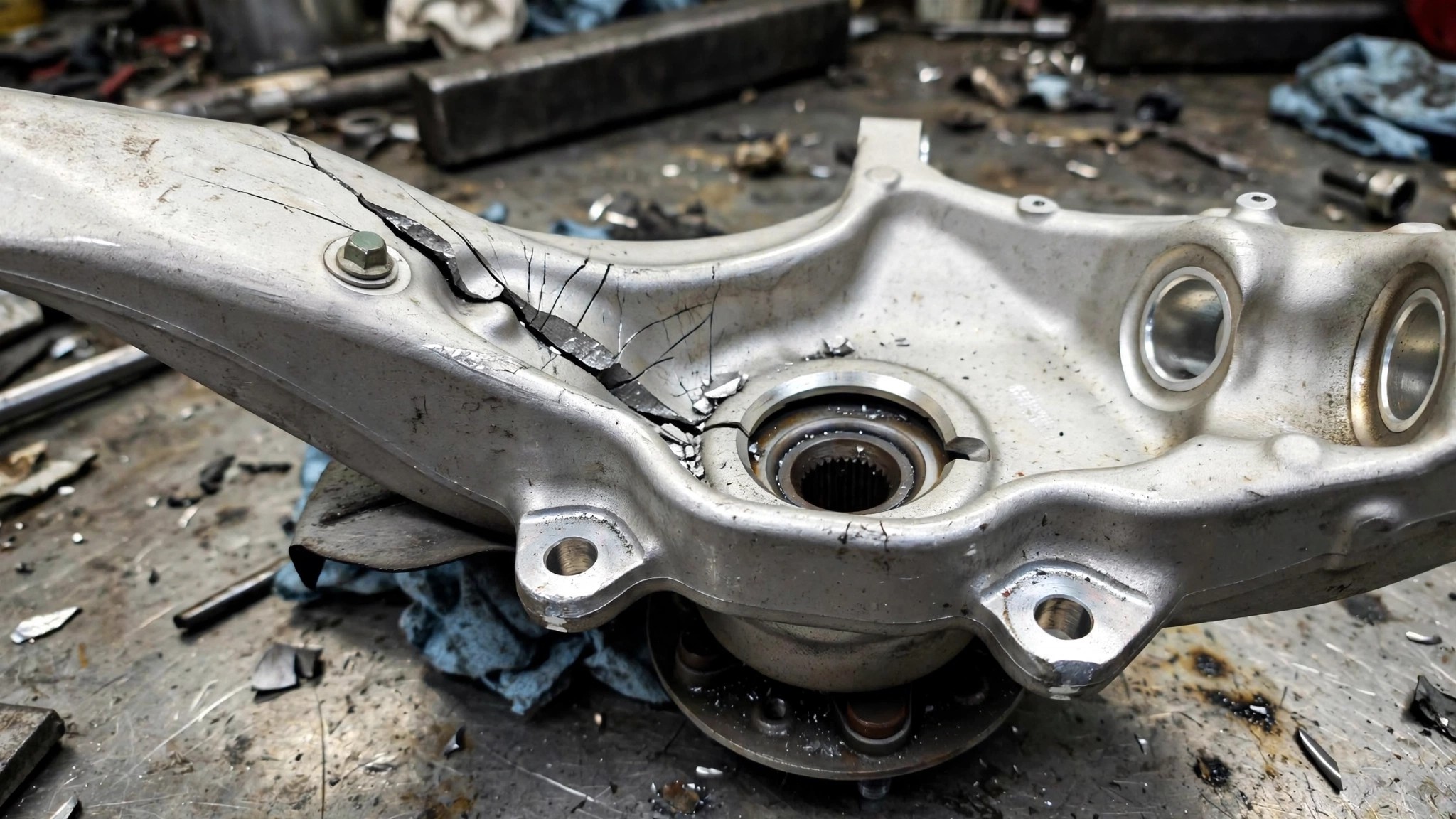 Cracked aluminum steering knuckle from a Range Rover