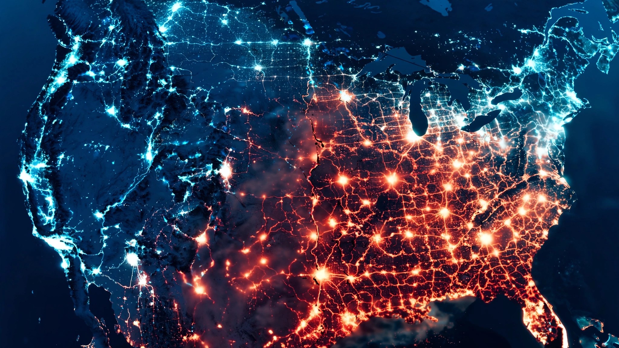 Aerial view of the United States divided by contrasting blue and red tones showing safety divergence