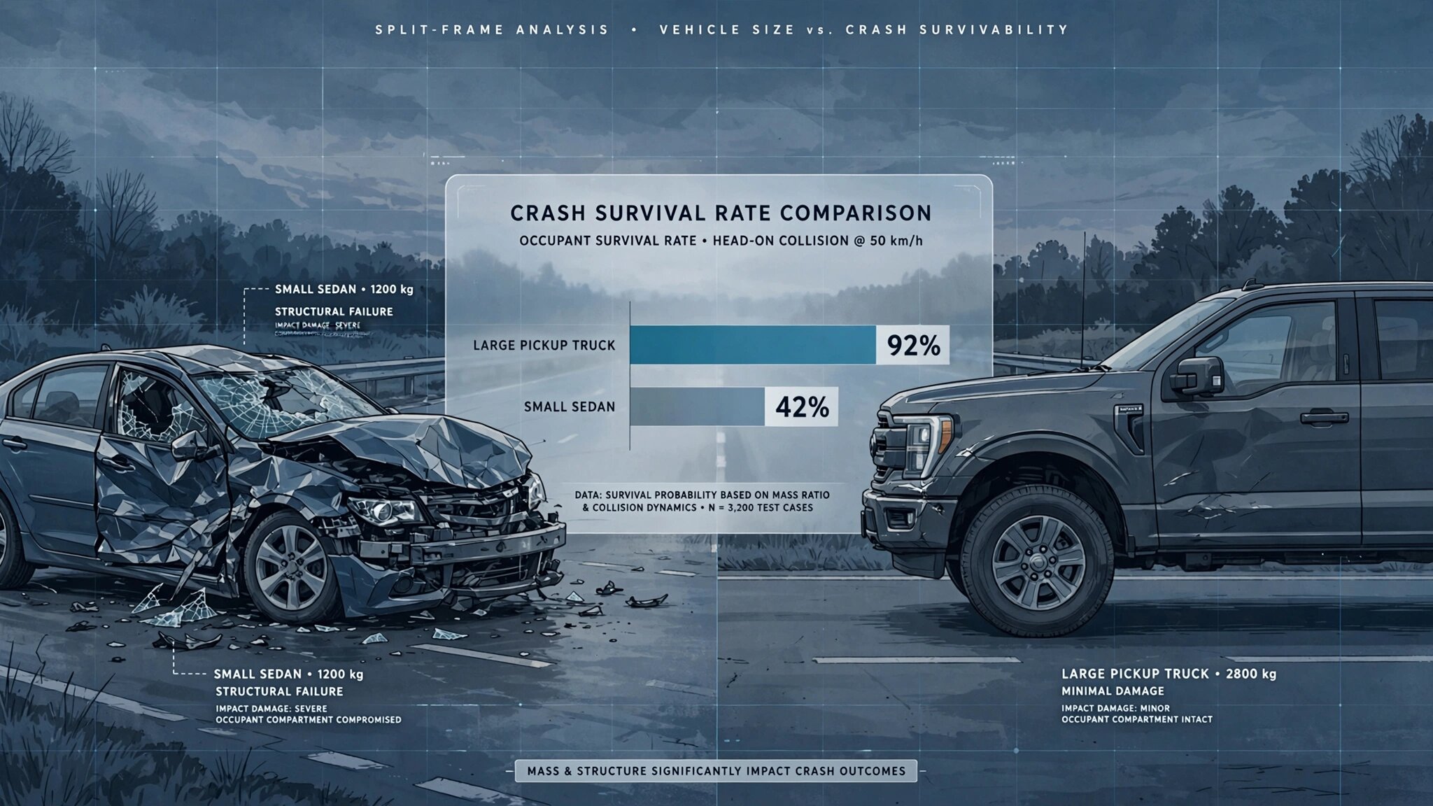 Split view of a small sedan and a large pickup truck illustrating the lethality paradox in crash data