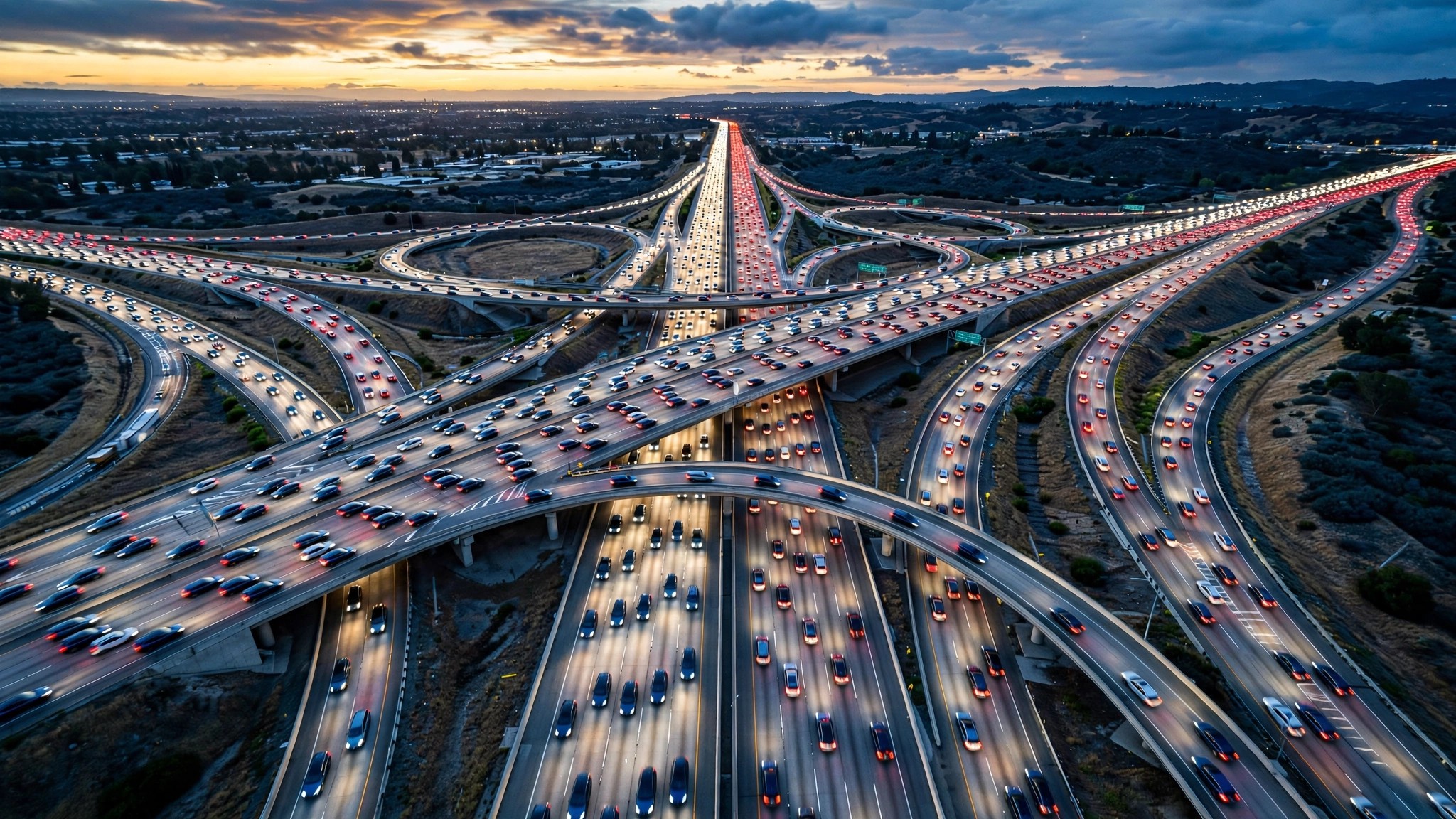 Aerial view of highway interchange filled with identical RAV4 crossovers at dusk