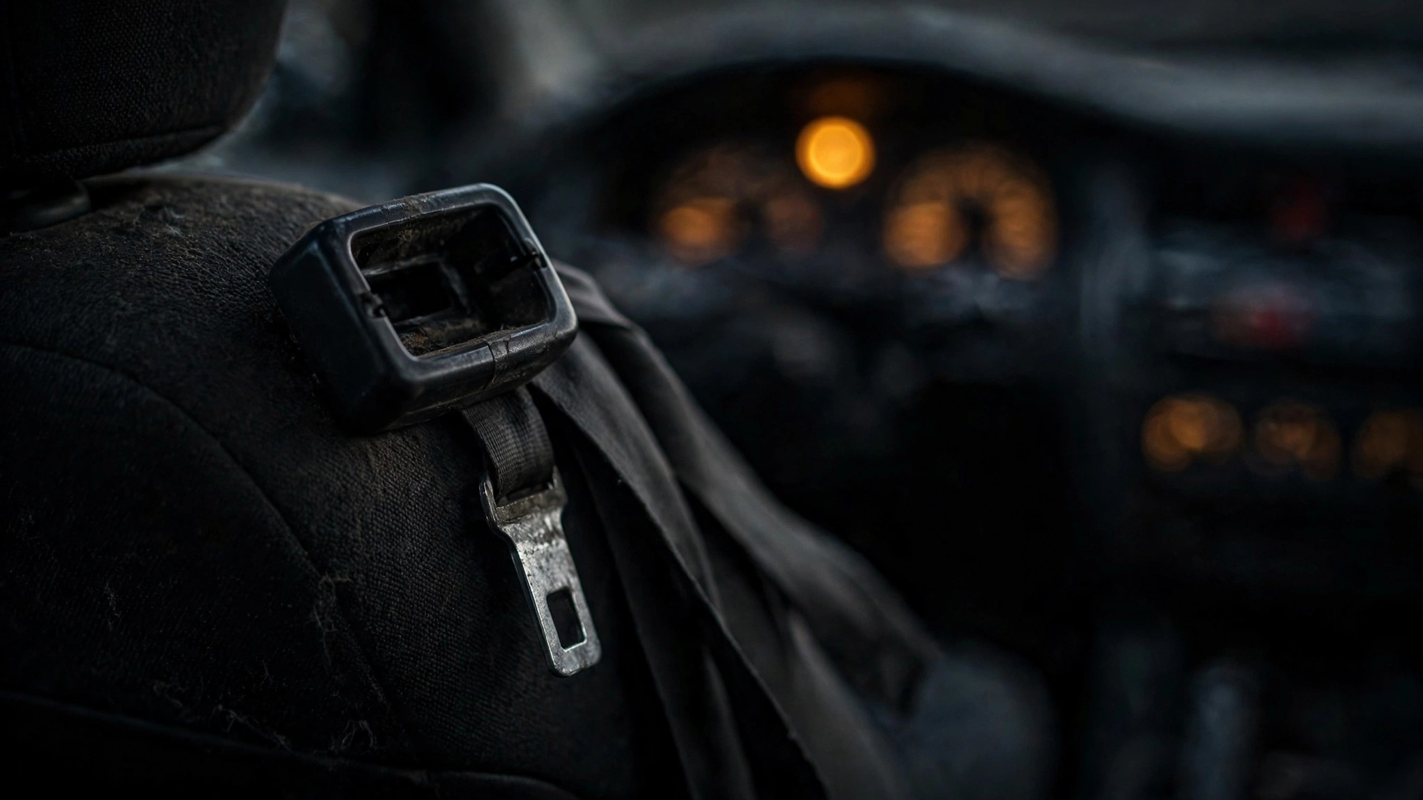 Unbuckled rear seat belt in dark moody lighting