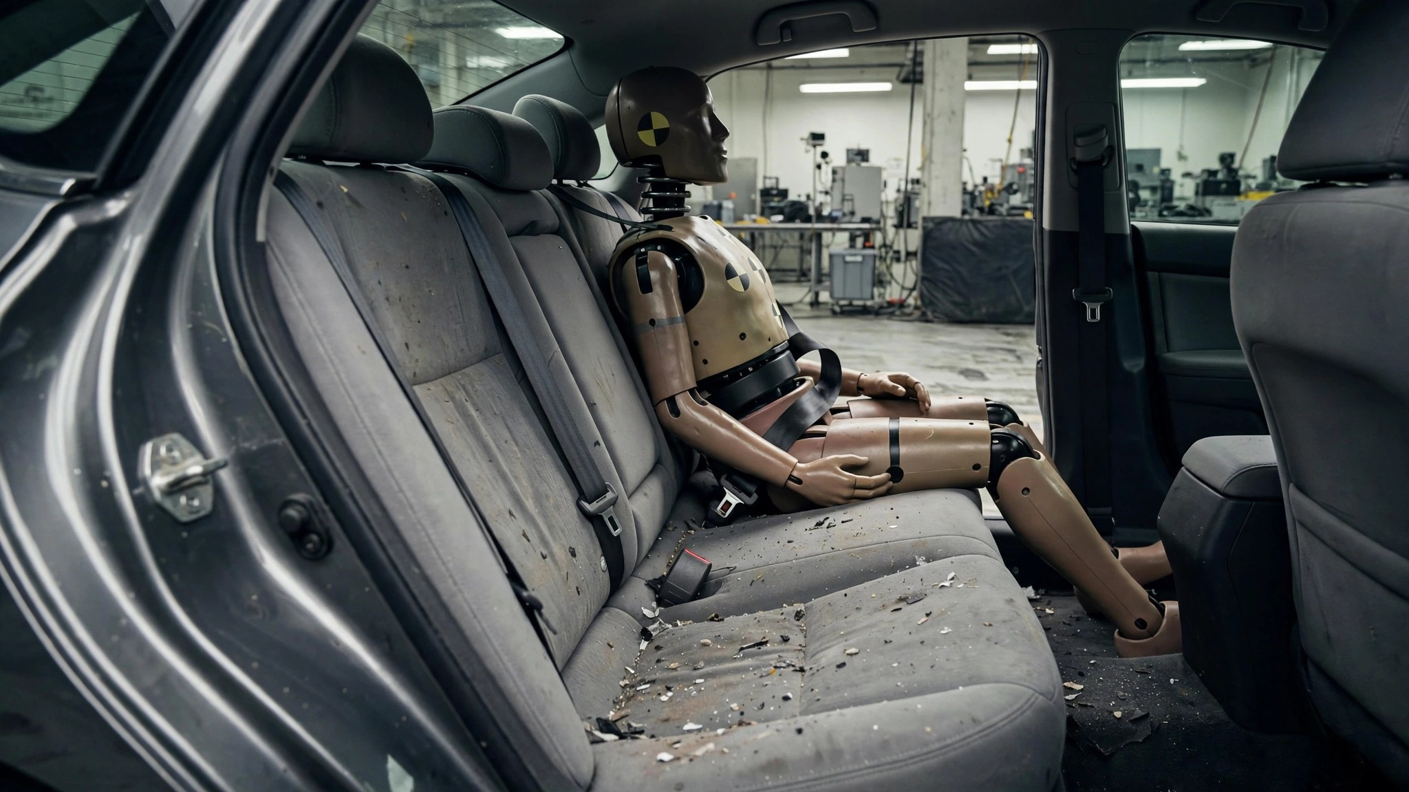 Crash test rear seat with displaced lap belt