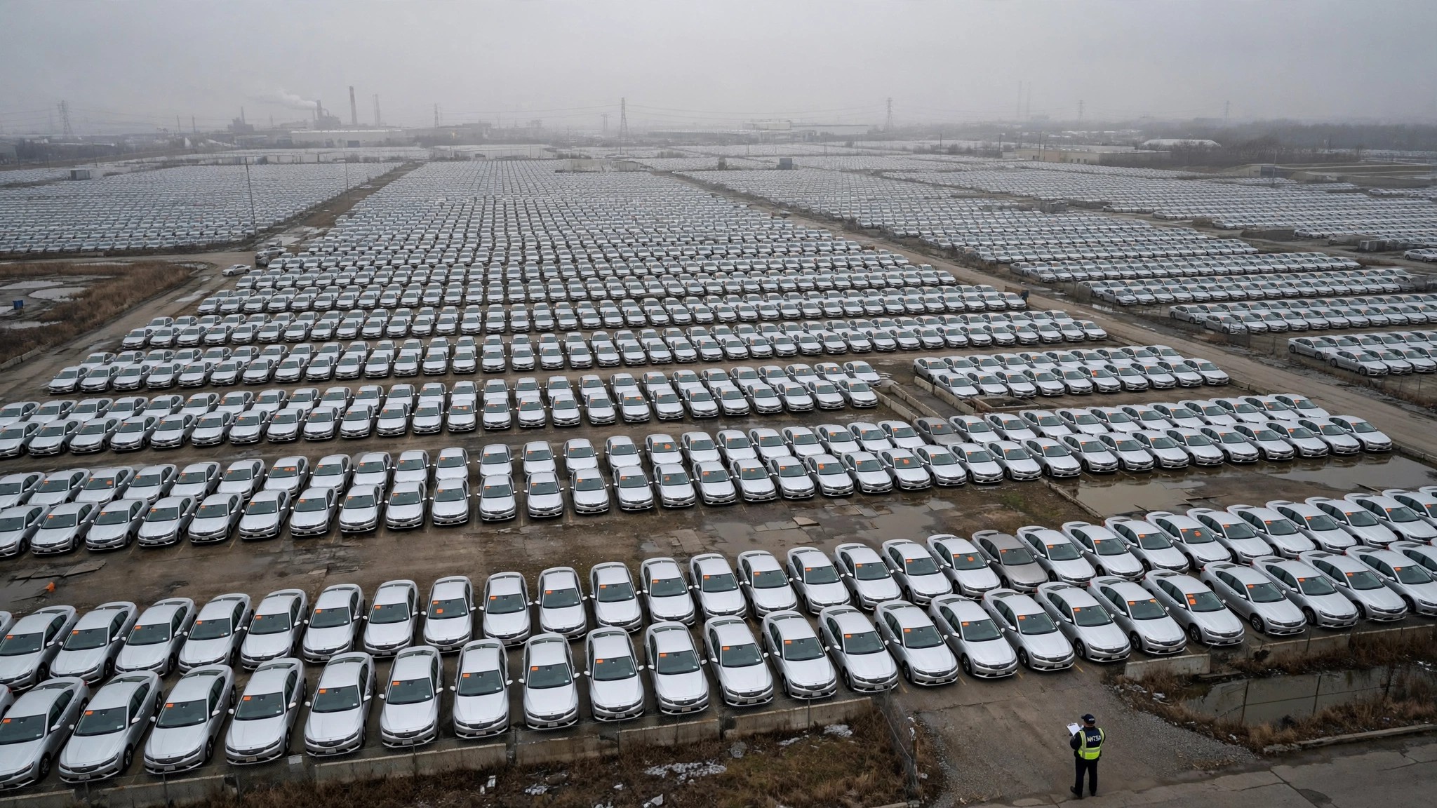 Aerial view of thousands of cars in a recall overflow lot