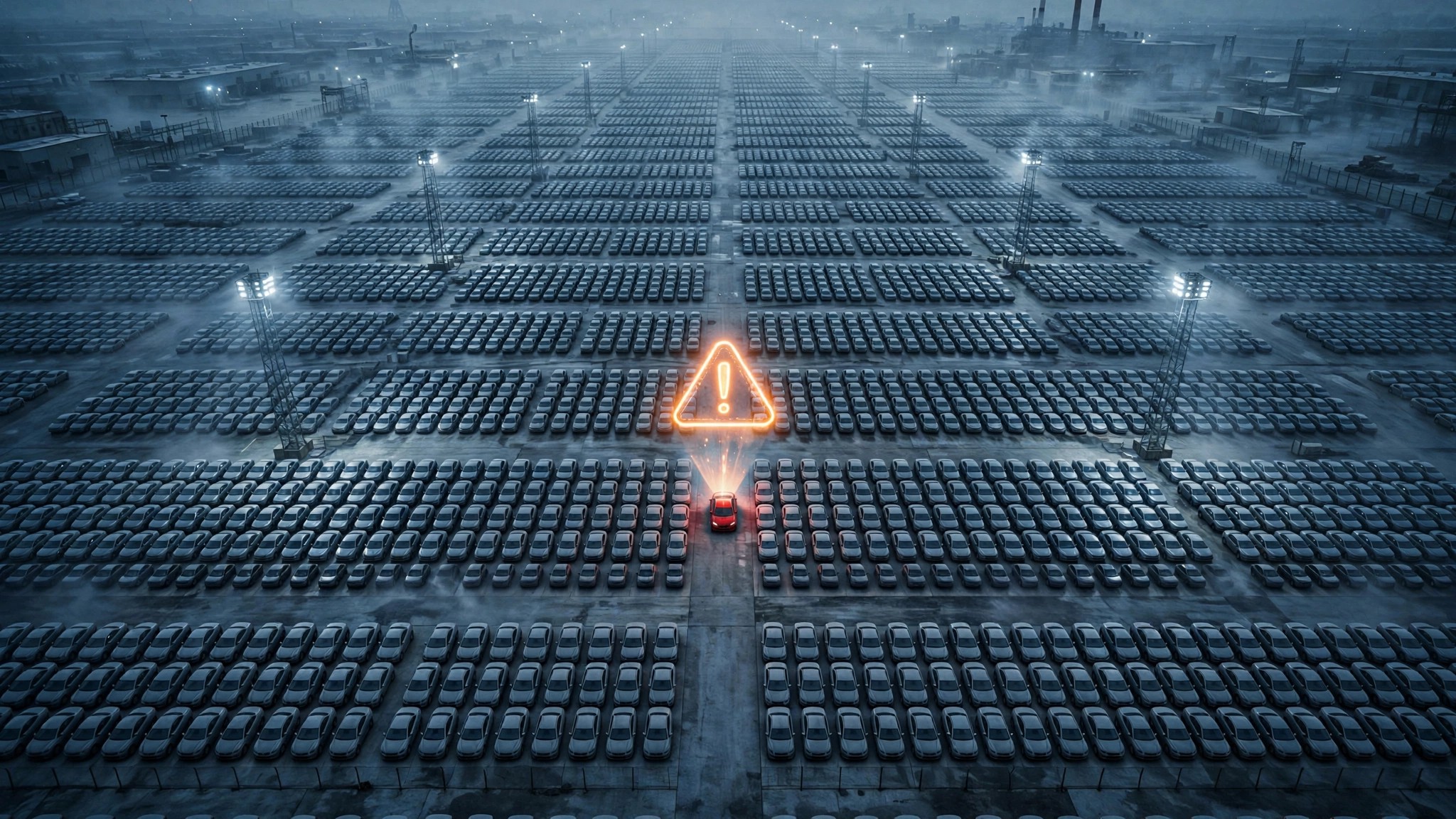 Overhead view of a massive vehicle recall staging lot
