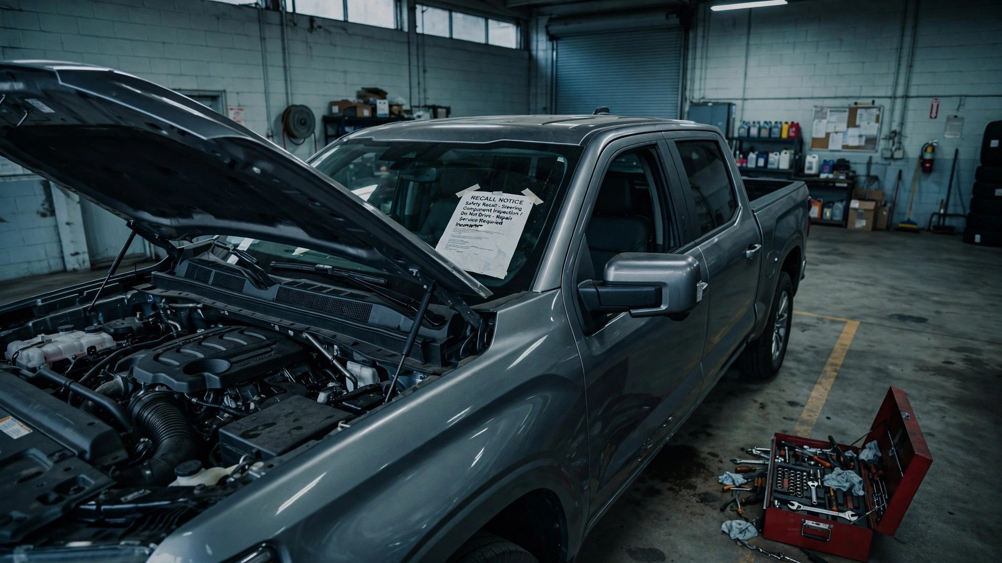 Empty service bay with pickup truck and recall notice on windshield