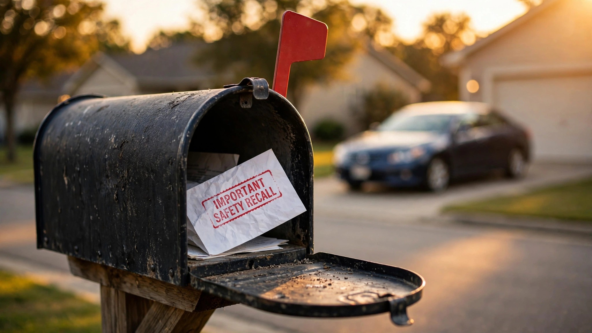 A crumpled envelope stamped IMPORTANT SAFETY RECALL sticking out of a residential mailbox at sunset
