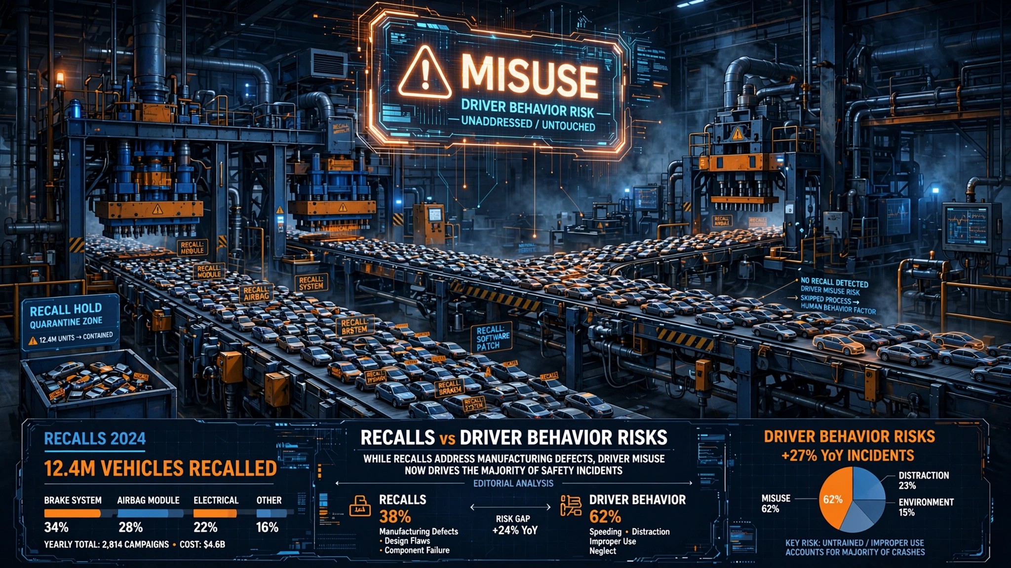 NHTSA recall assembly line with ADAS warning overlay