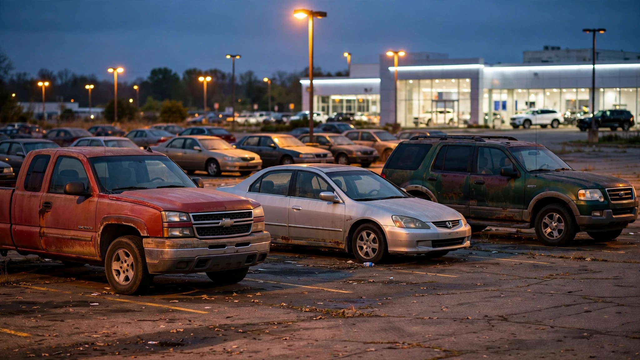 Aging vehicles under amber streetlights