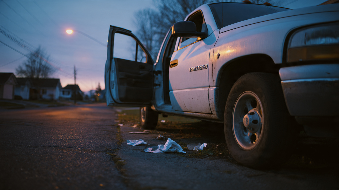 A Ram pickup truck that has rolled away from its parking space with a recall notice on the ground