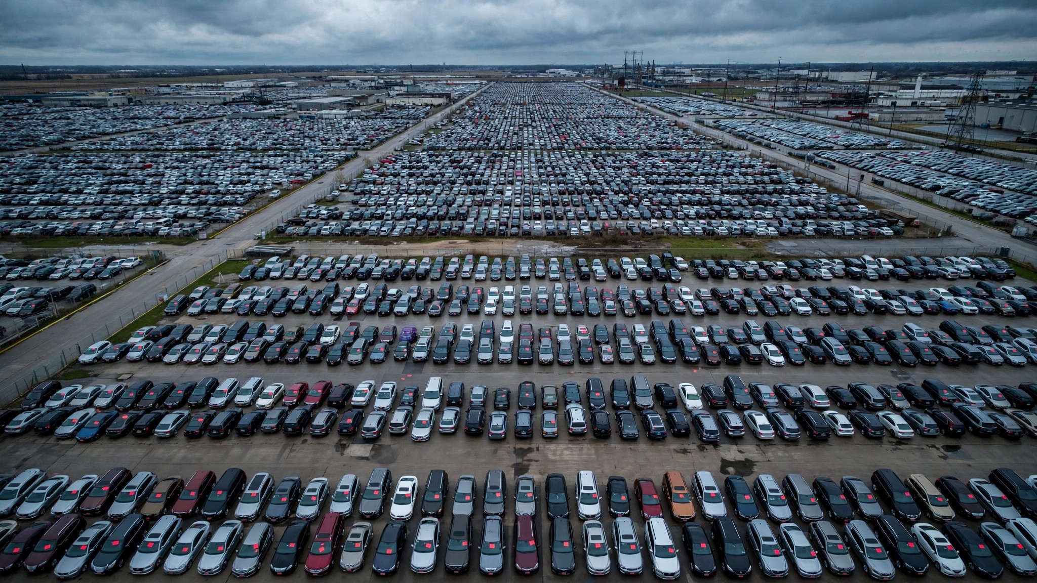 Aerial view of massive parking lot filled with recalled vehicles