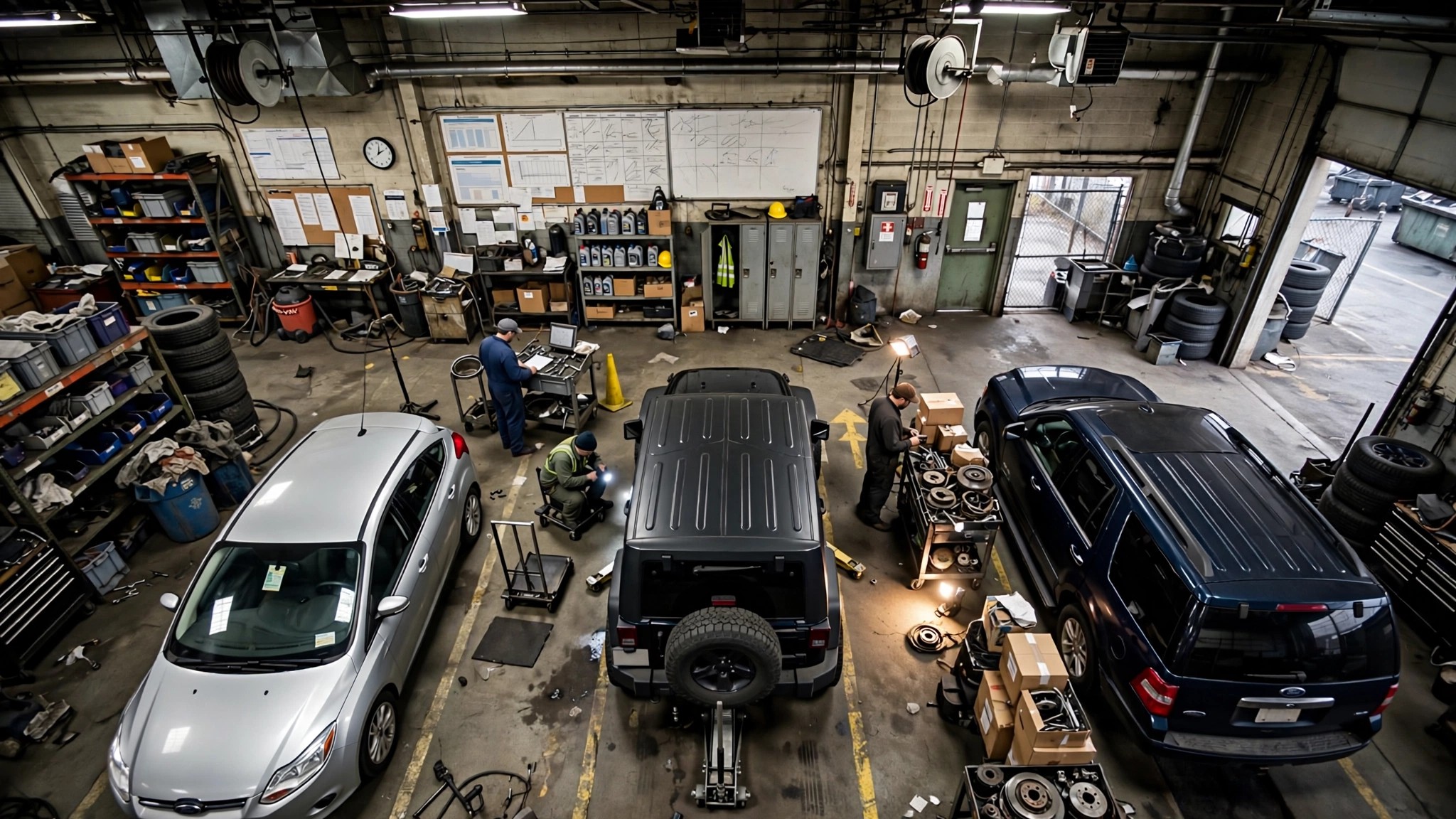 Overhead view of busy automobile repair shop with recalled vehicles lined up for service