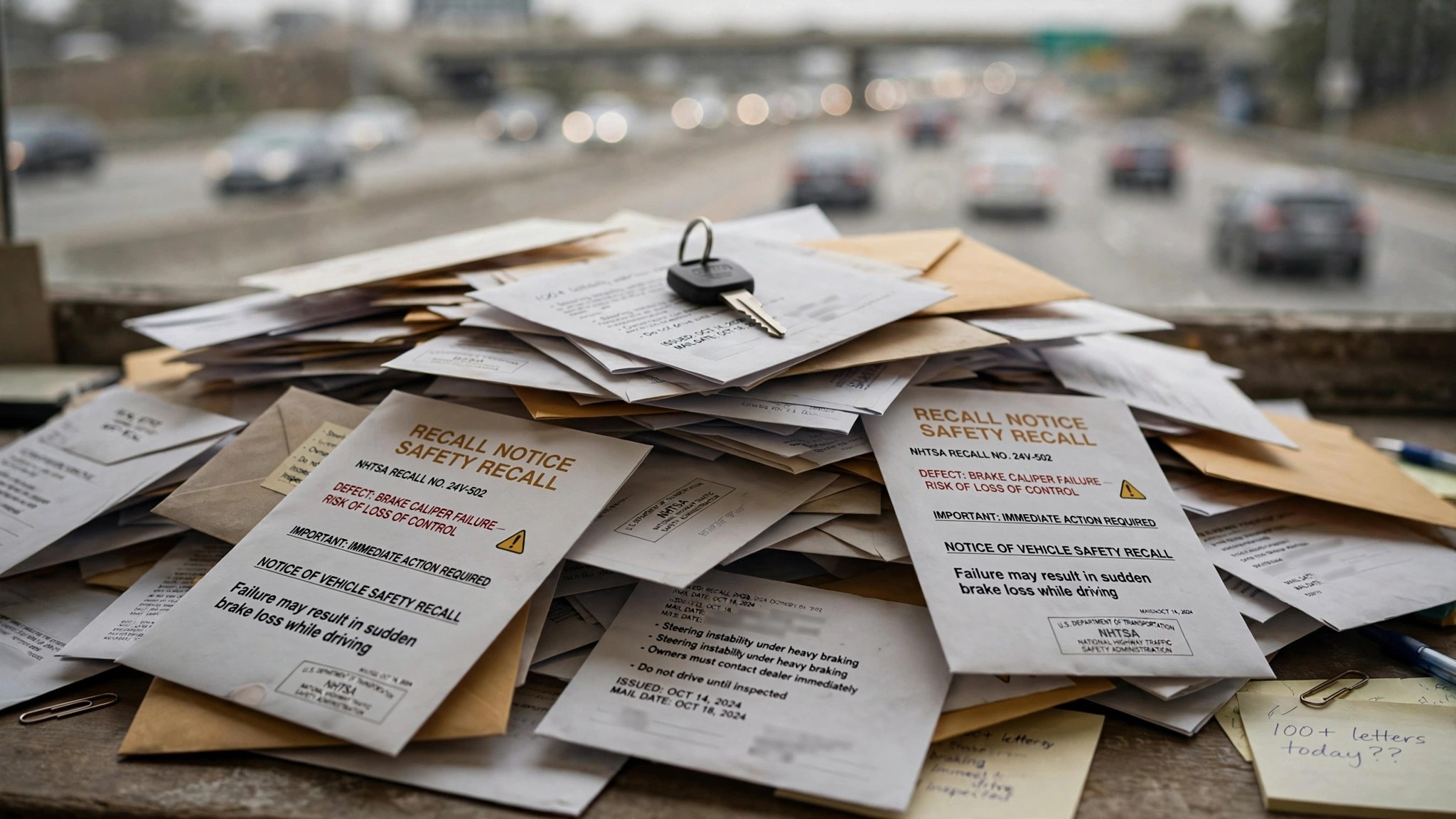 A pile of recall notice letters with a car key on top, highway in background