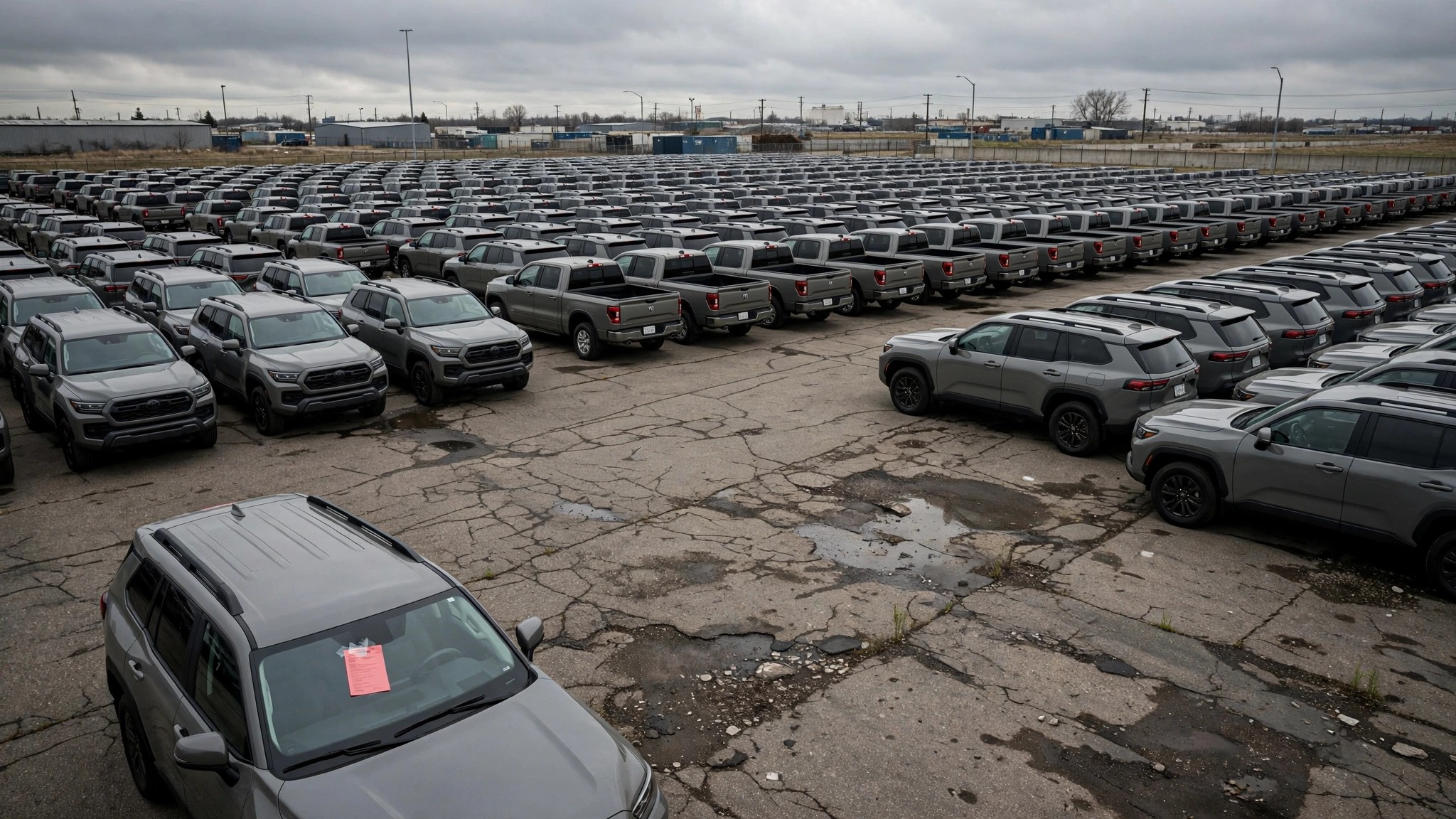 Hundreds of recalled SUVs parked in precise rows on a staging lot under overcast sky