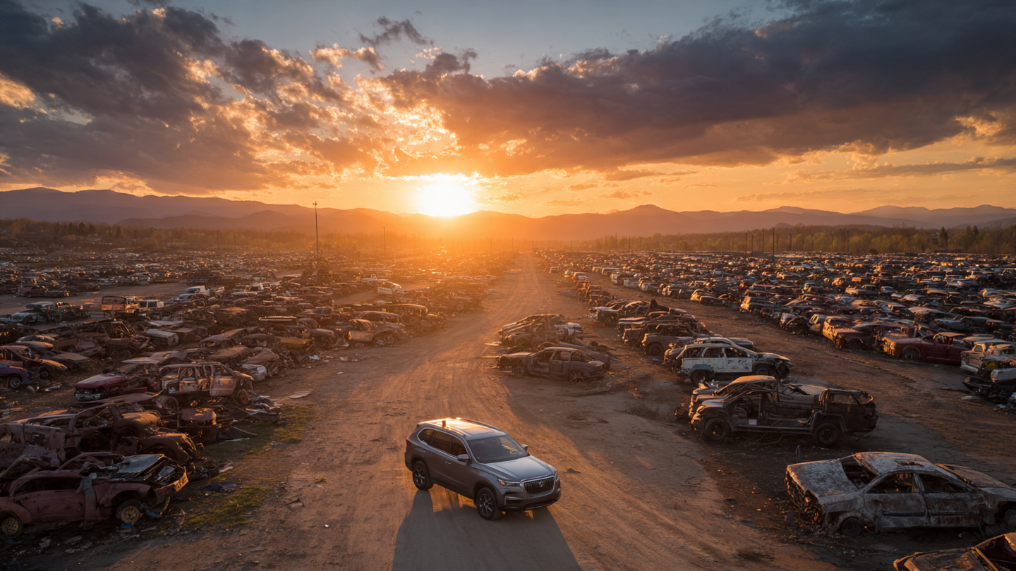 Aerial view of junkyard filled with rusted early-2000s SUVs representing fleet attrition driving record-low traffic deaths