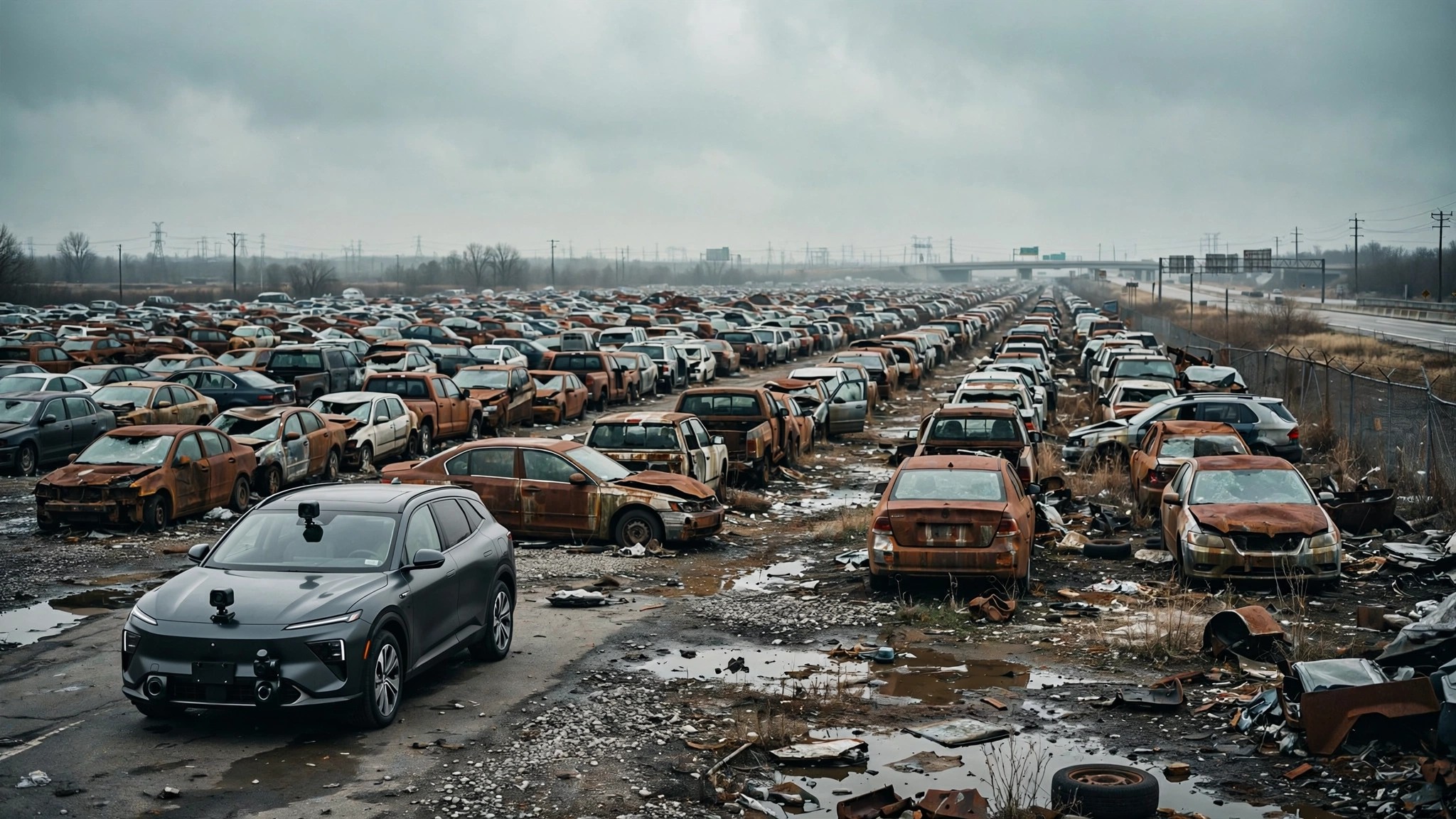 An aging American car fleet with fading safety stickers on a highway