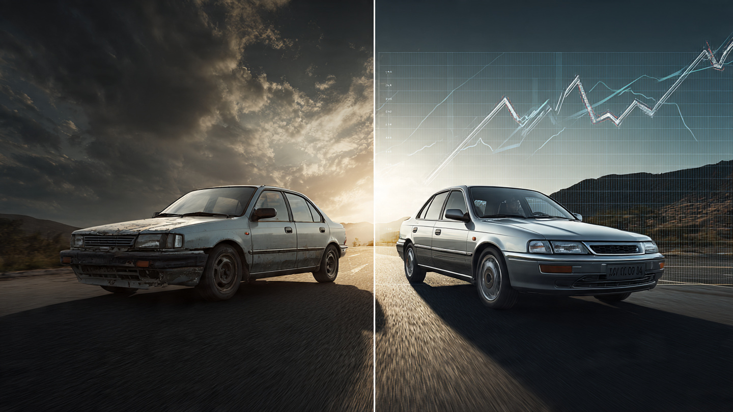 Split image of old and new Nissan Sentra generations with safety data overlay
