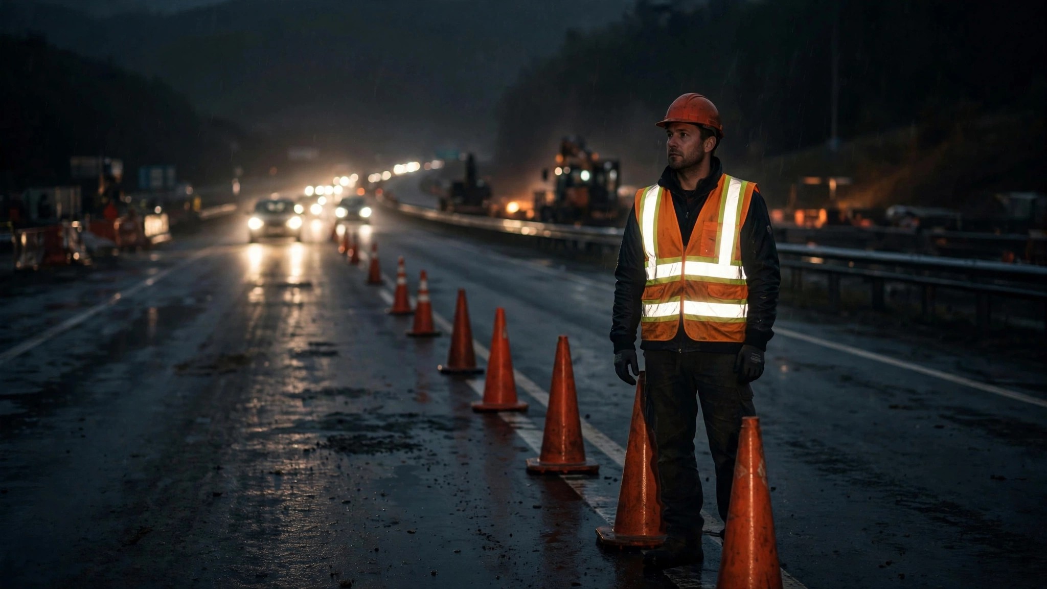 Construction worker in retroreflective safety vest in nighttime highway work zone
