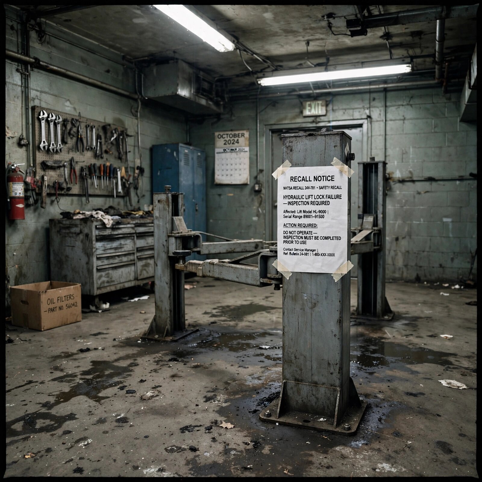 An empty mechanic's bay with a recall notice taped to the lift
