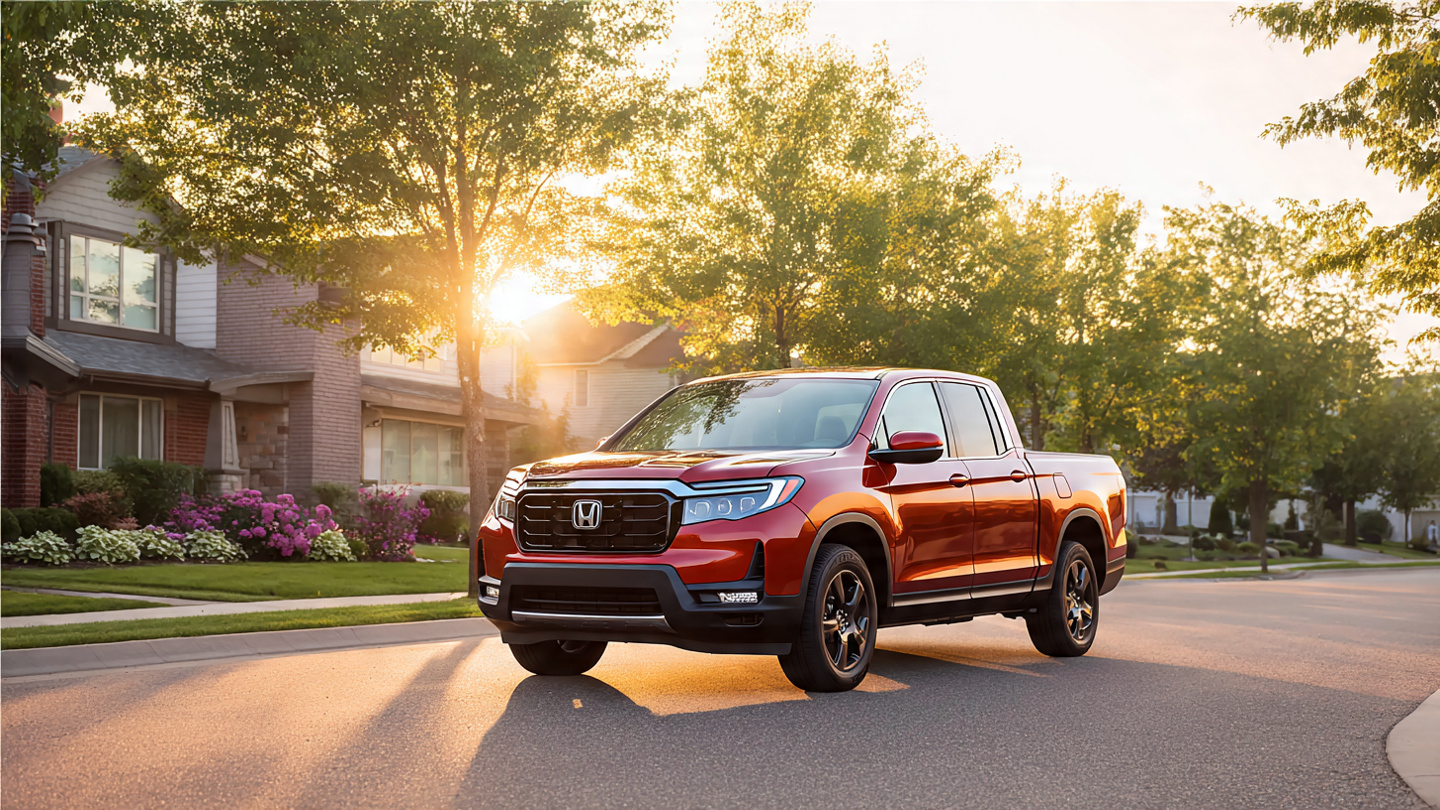 Honda Ridgeline pickup truck photographed from a low front-quarter angle on a suburban street