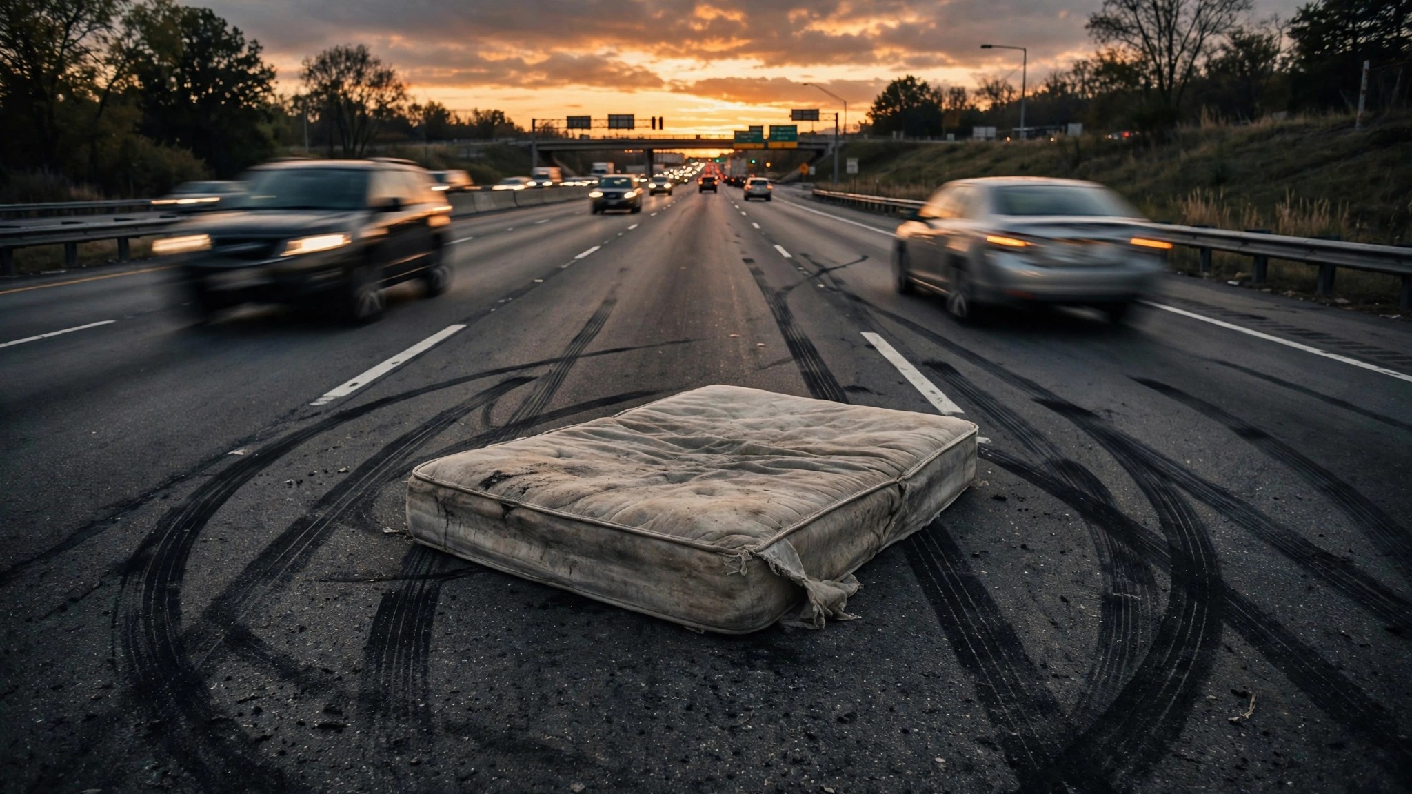 Highway debris scattered across lanes with swerve marks
