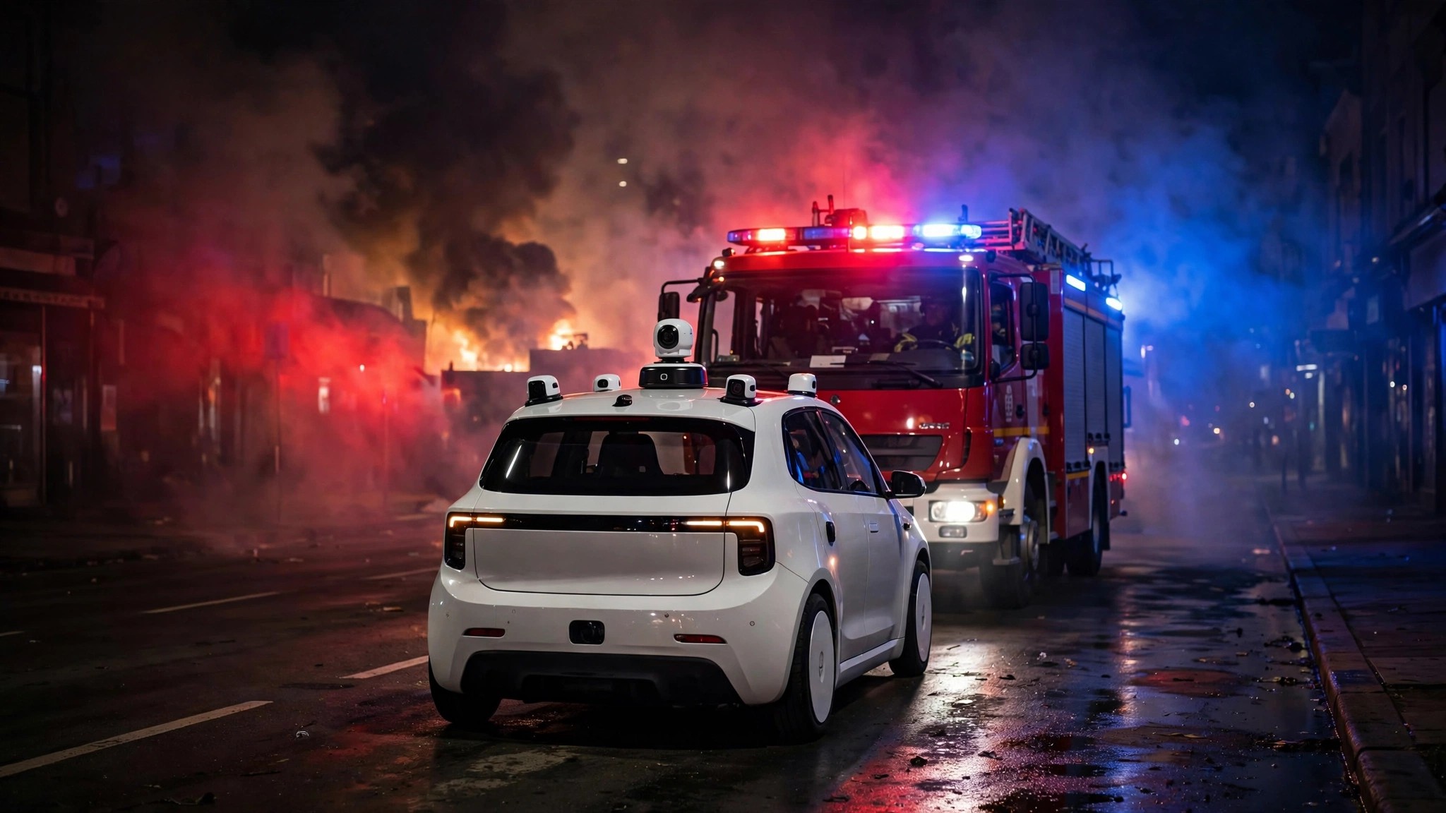 Autonomous robotaxi blocking a fire truck at an emergency scene at night
