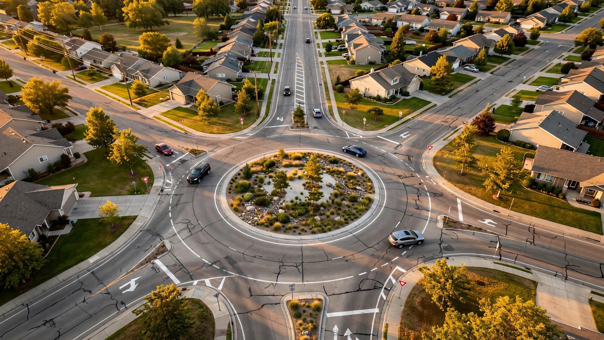 Aerial view of a modern roundabout intersection surrounded by American suburban sprawl