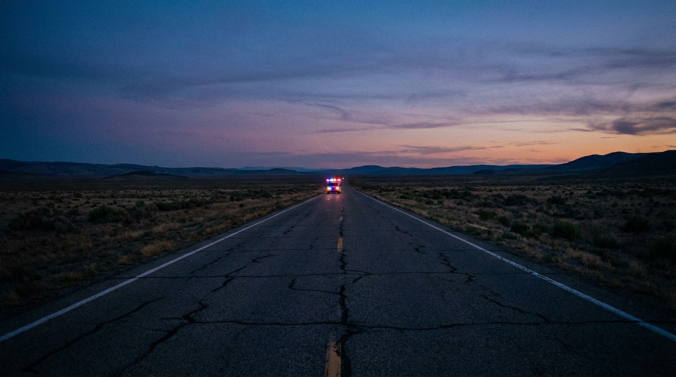 Empty rural highway stretching to the horizon with no hospitals or emergency services visible