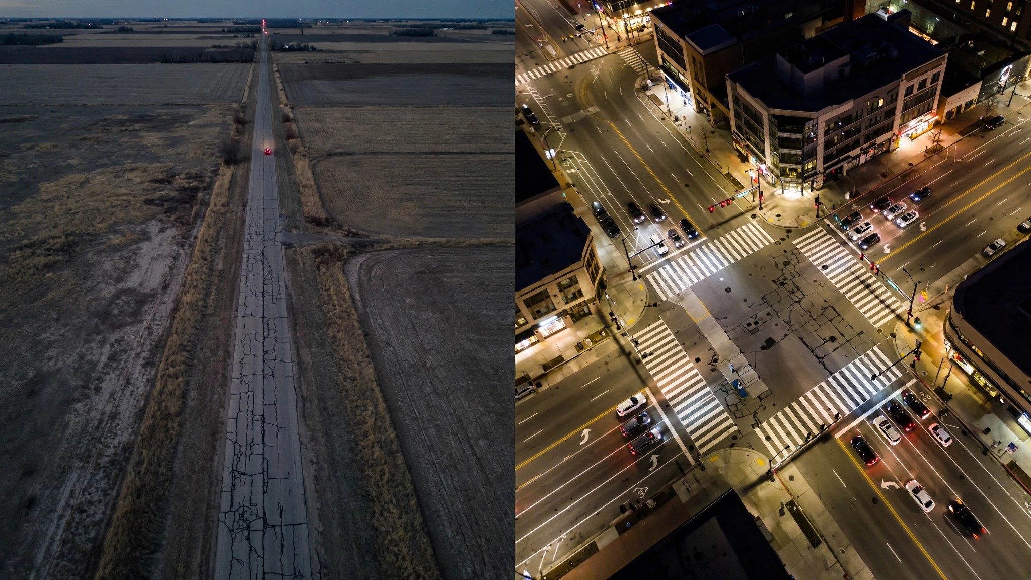 A dark rural highway stretching into empty farmland contrasted with a well-lit urban intersection