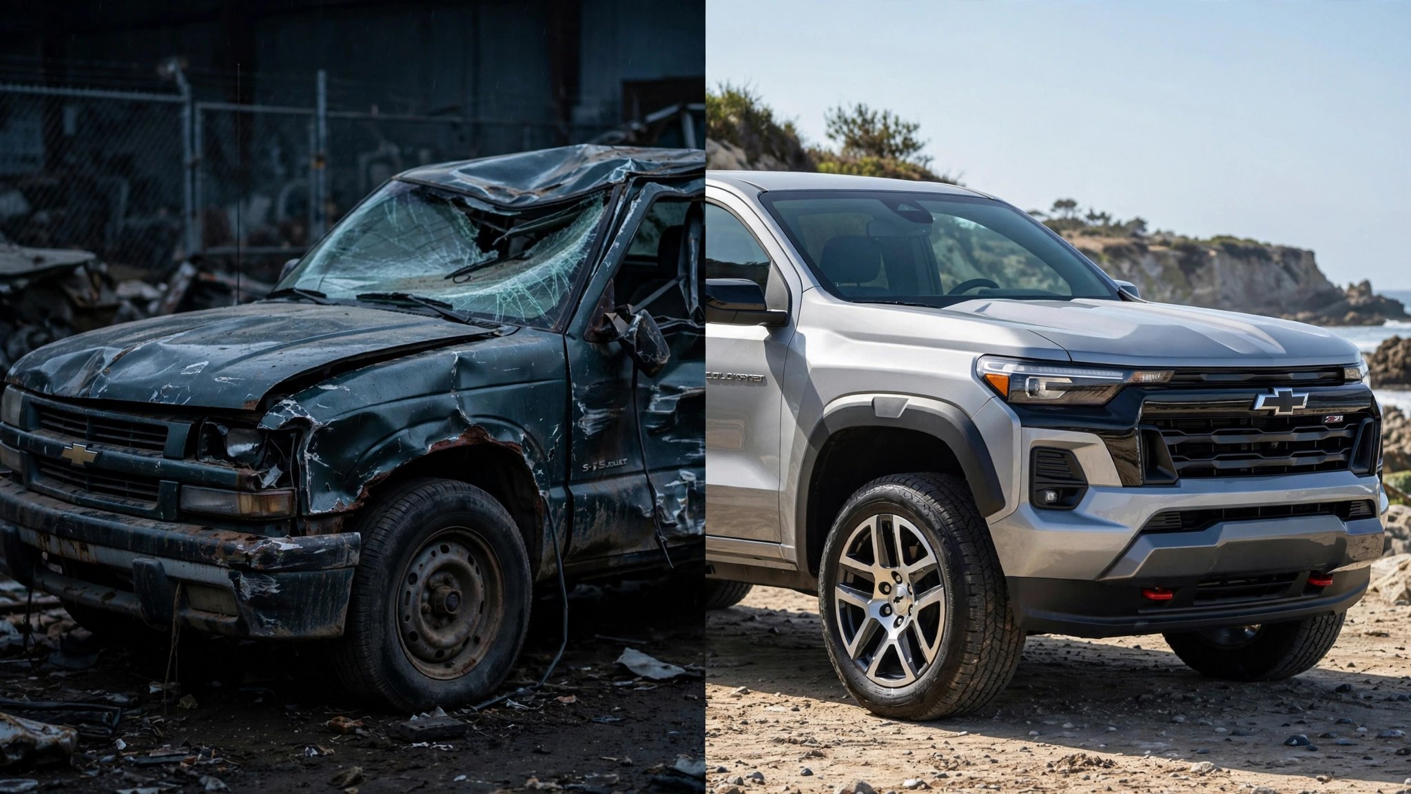 Split comparison of a battered S-10 pickup and a modern Colorado