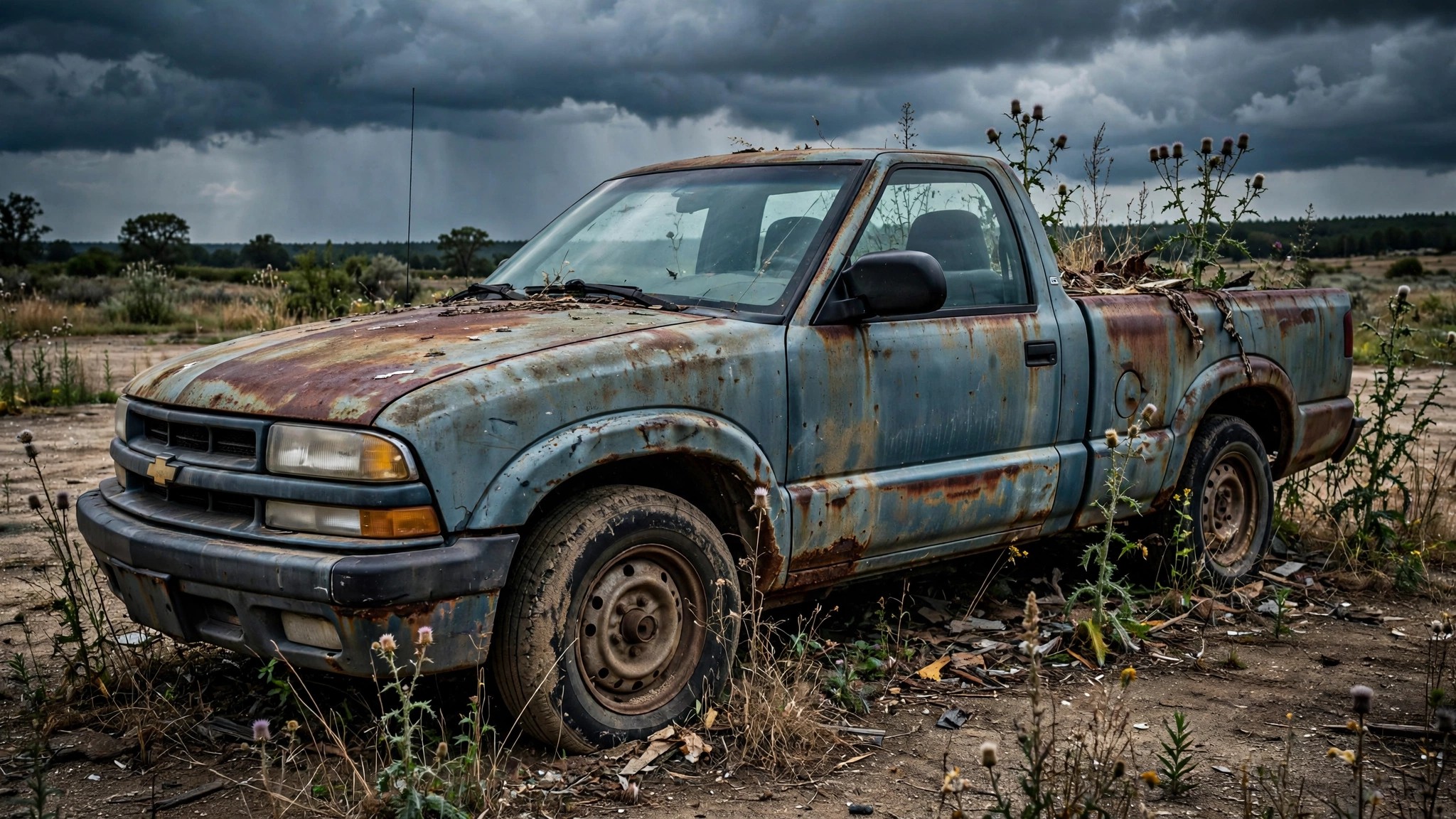 Faded Chevy S-10 pickup truck in a rural driveway