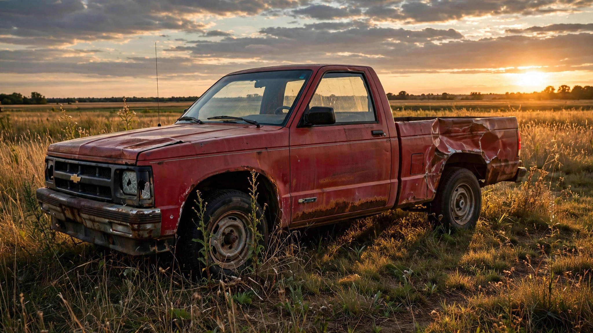 Abandoned rusted Chevrolet S-10 pickup truck in a field at dusk