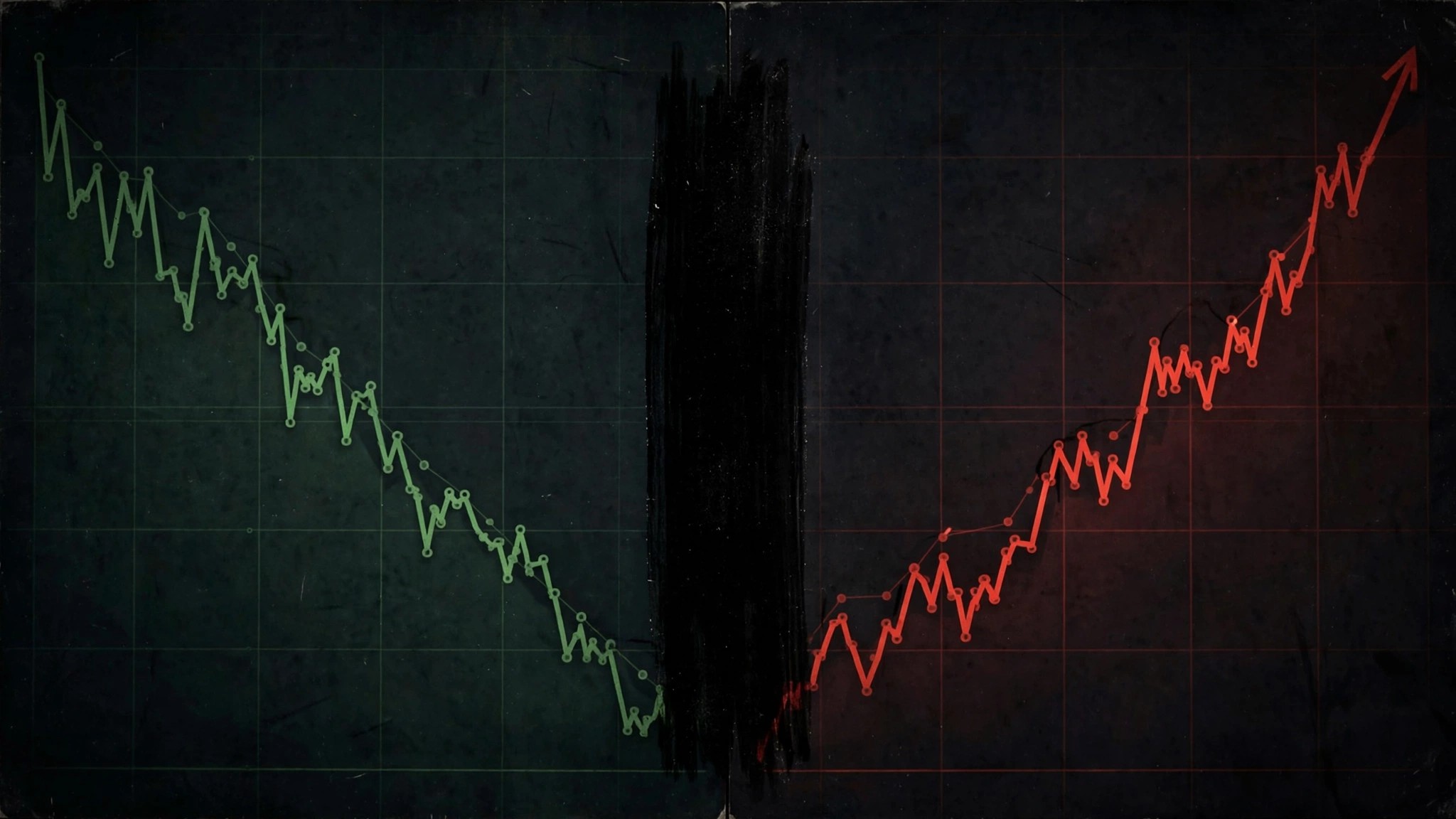 Split-screen data visualization with declining green line and surging red line separated by a redaction bar