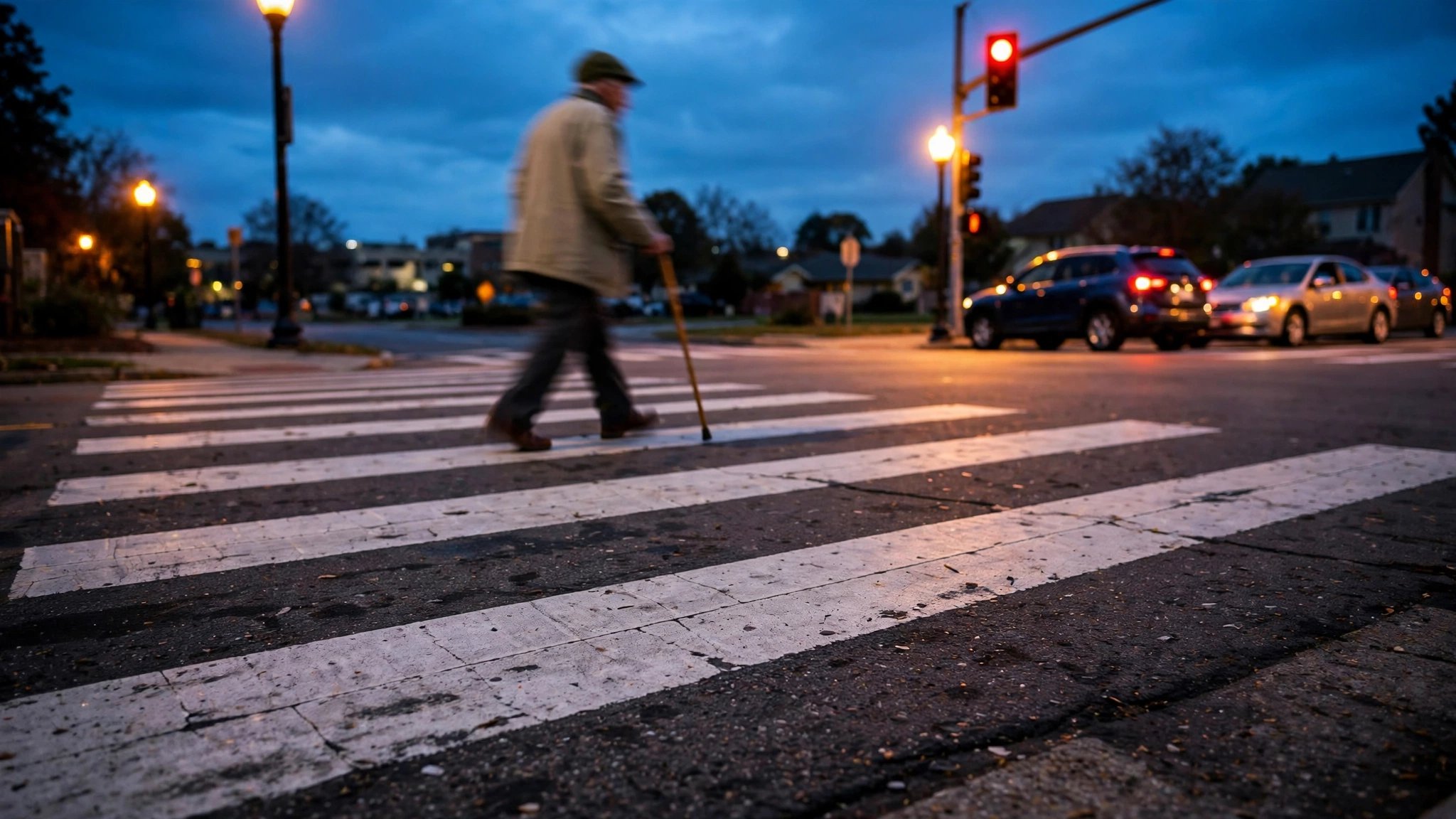 Elderly pedestrian crossing suburban intersection at dusk