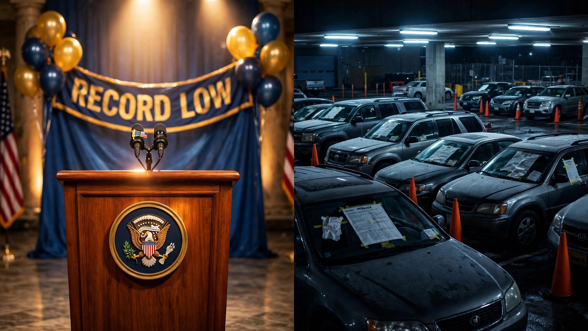 Split scene: celebration podium on one side, recalled vehicles under harsh lights on the other