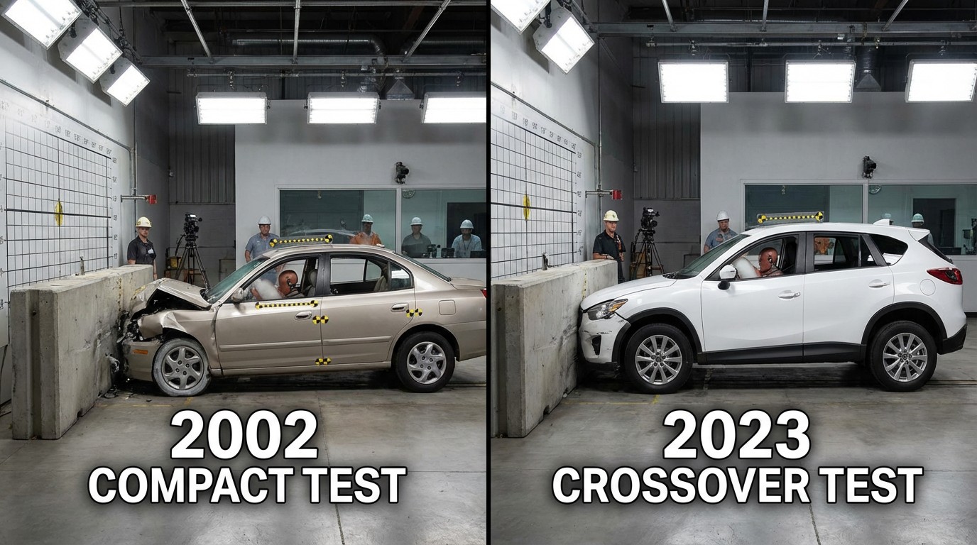 Crash test comparison of old and new vehicle generations