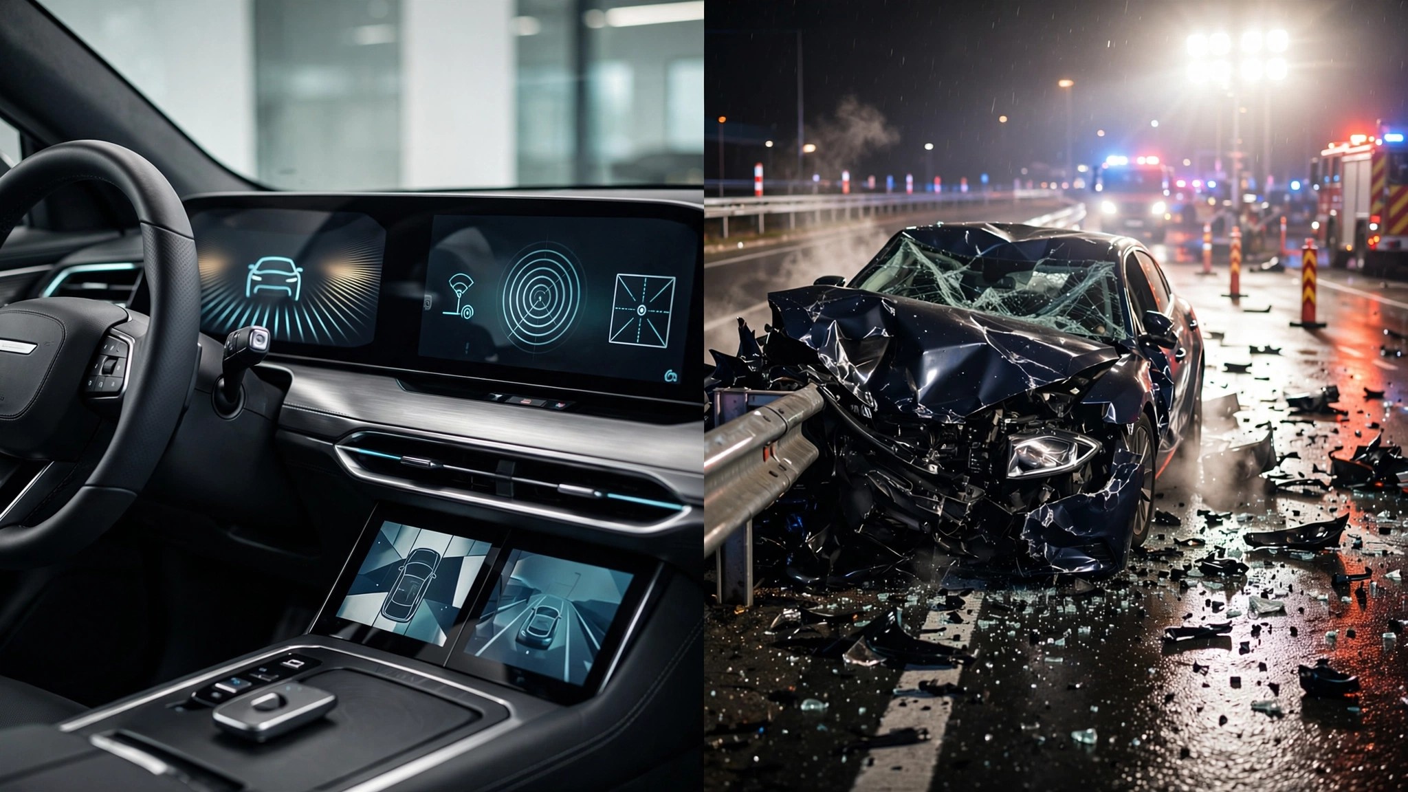 Split view showing sleek car dashboard sensors and a nighttime highway crash scene