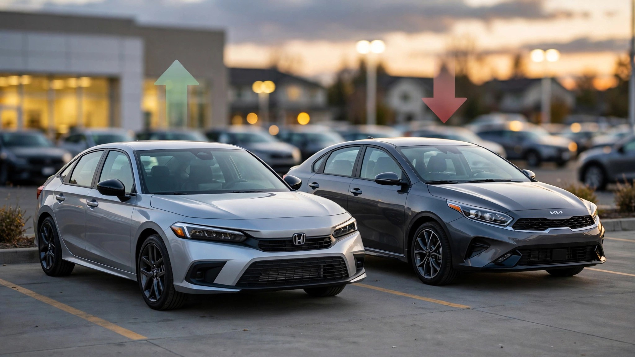 Two compact sedans at a dealership, one trending safer, one deadlier