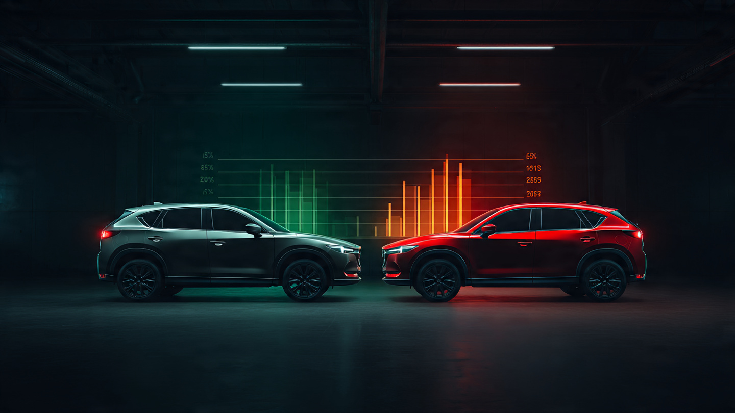 Two compact SUVs parked side by side with dramatically different safety ratings overlaid