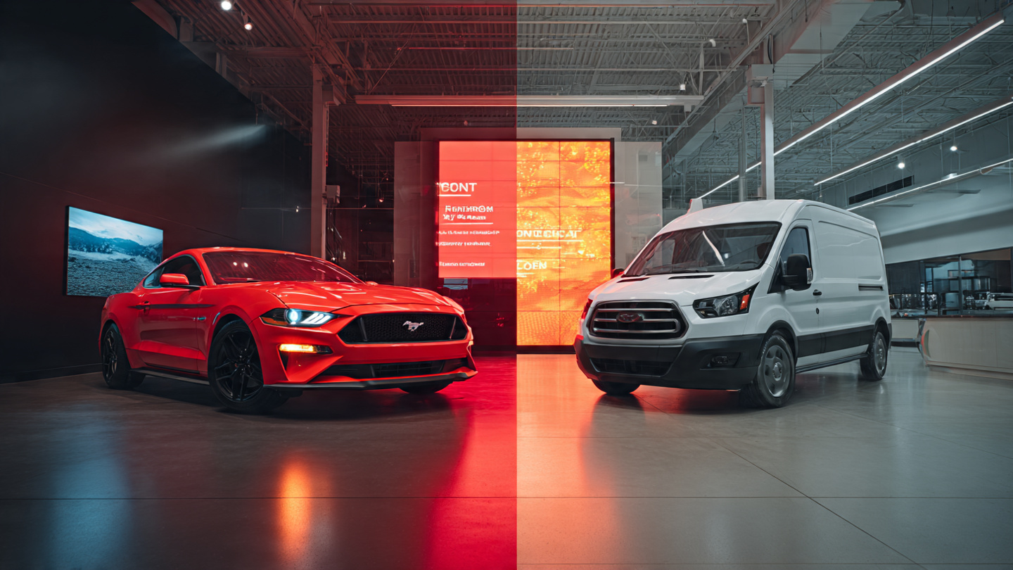 A split-screen dealership showroom with a Ford Mustang and Ford Transit, representing the 43x within-make fatality rate gap