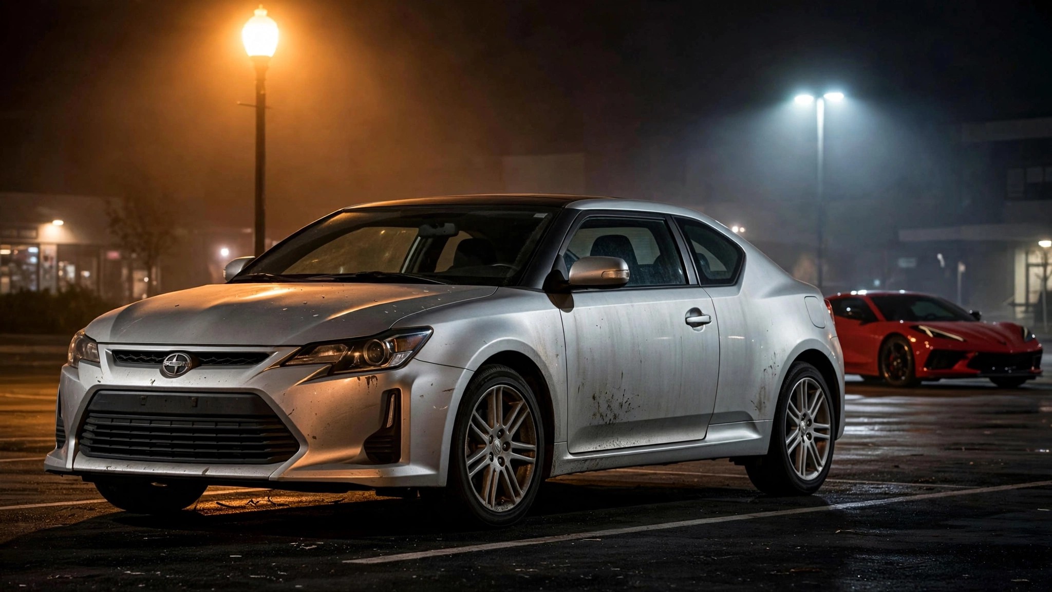 Faded Scion tC under streetlight beside a Corvette