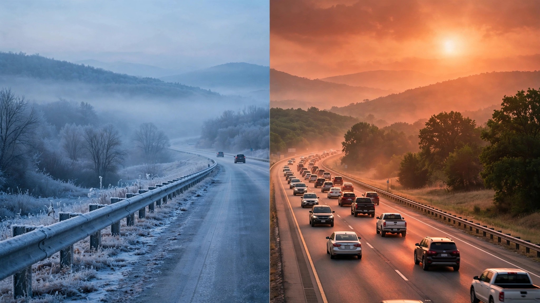 Split view of an American highway in winter calm and summer heat haze