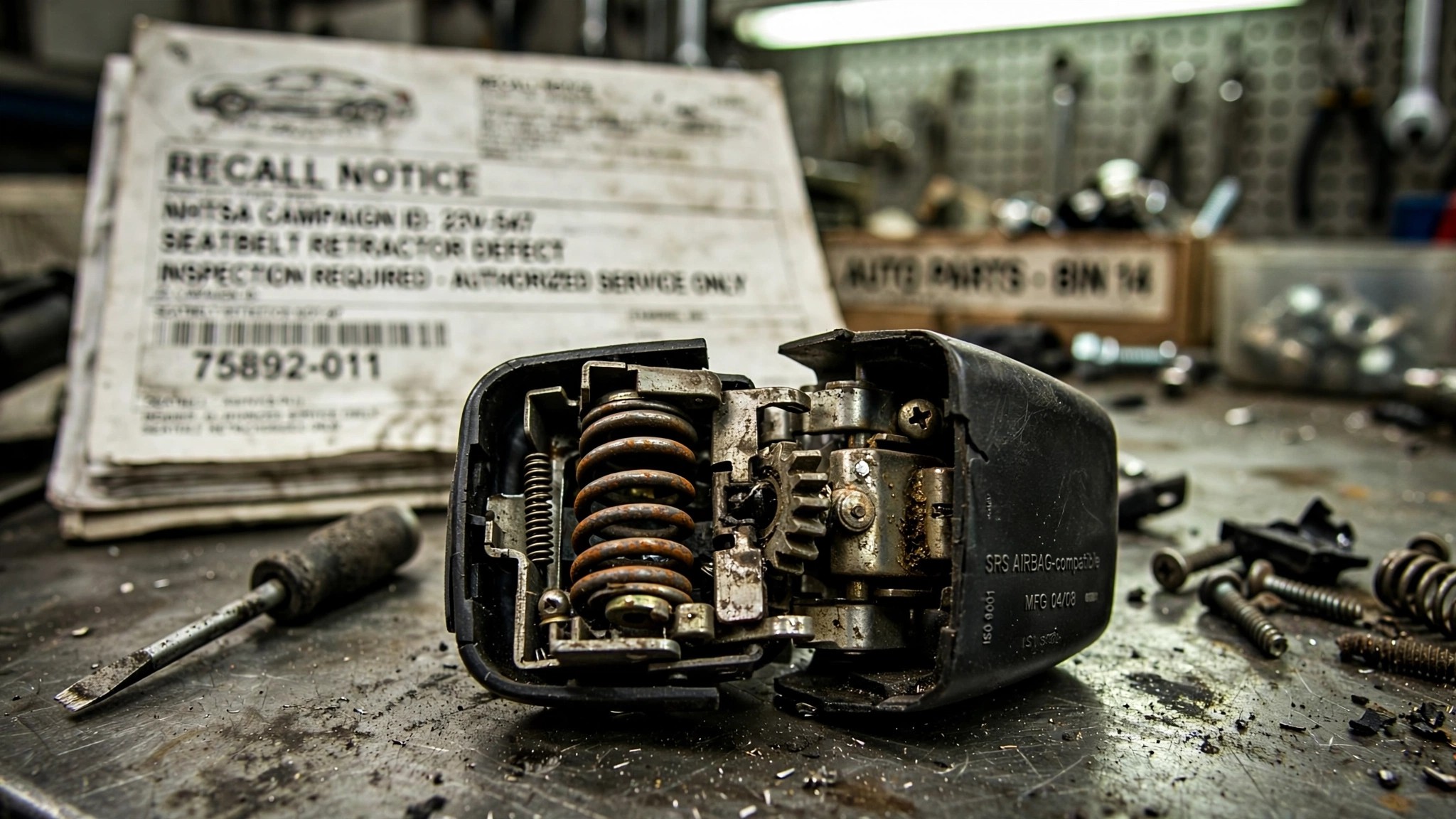 Disassembled seatbelt retractor mechanism on a workbench