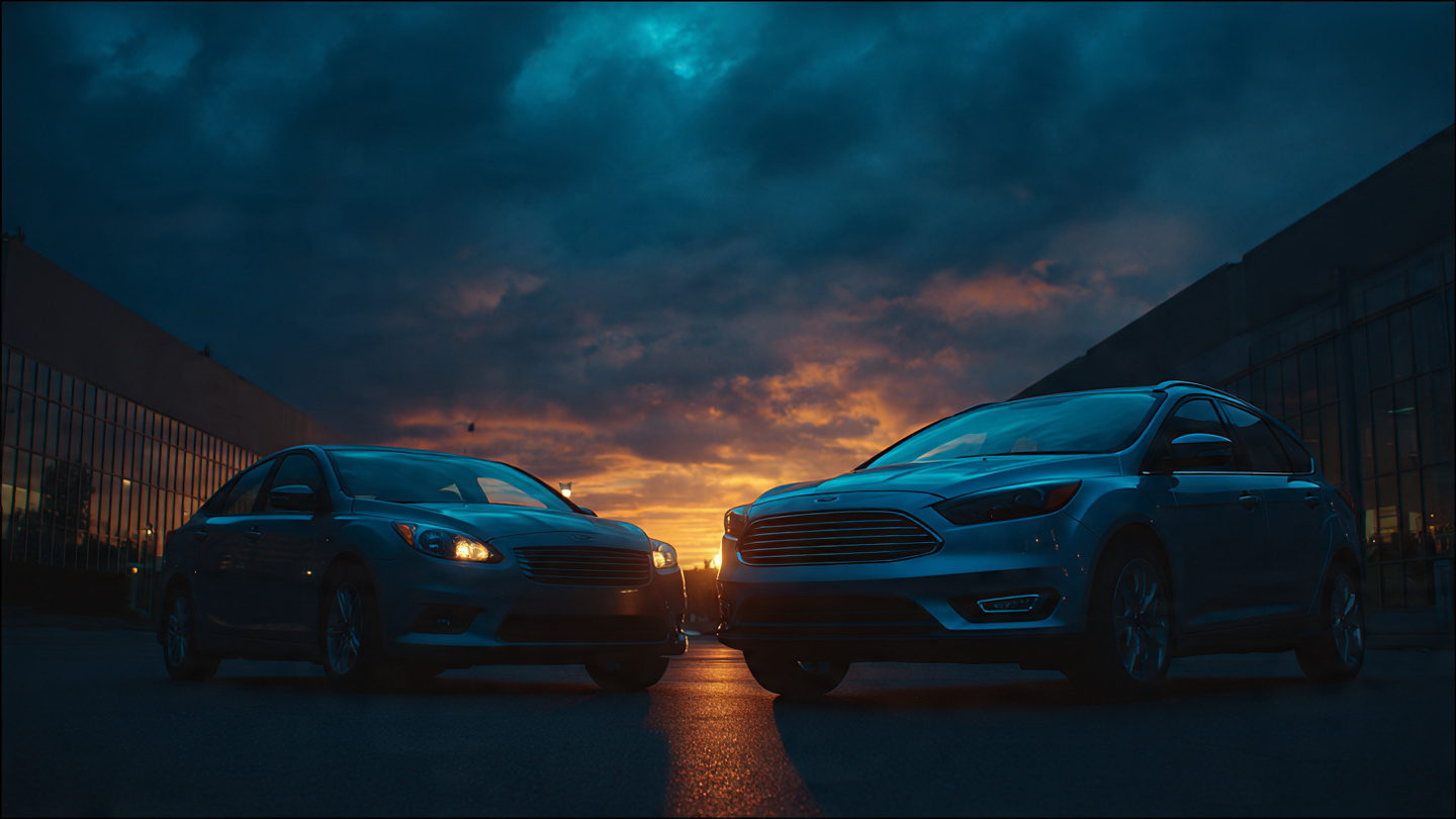 A sedan and crossover from the same manufacturer parked side by side at a dealership