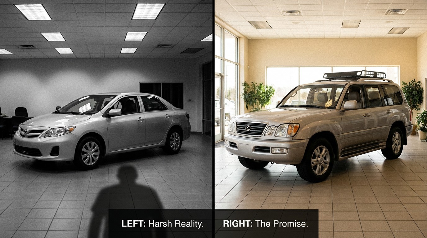 Car dealership showroom comparing sedan and SUV