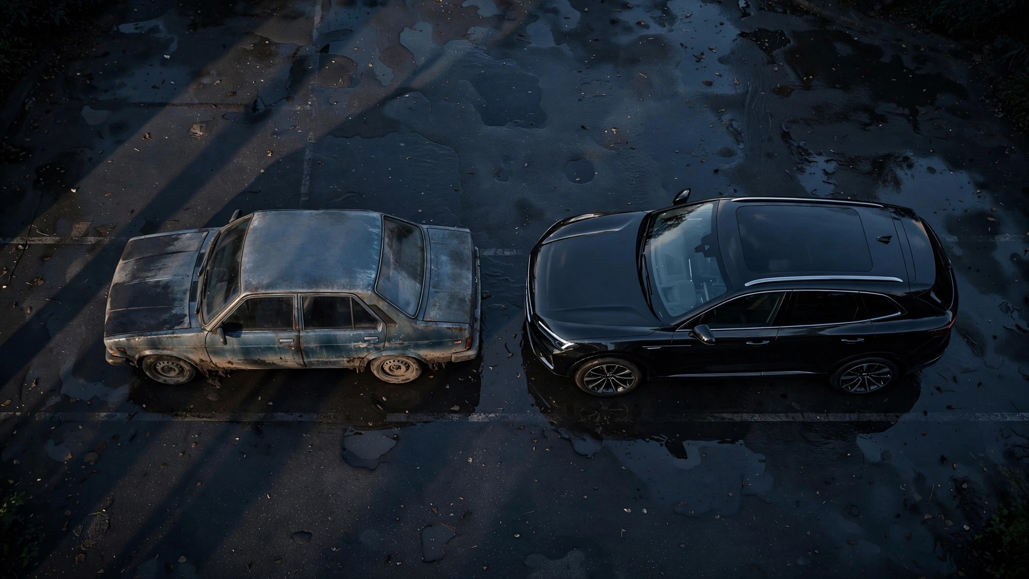 A sedan and an SUV side by side on a dark highway at dusk
