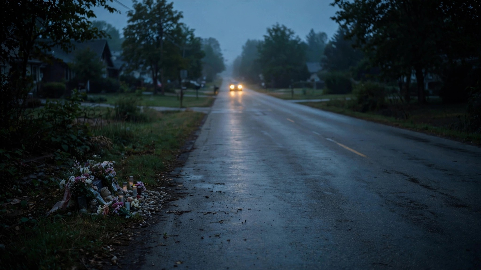 Dimly lit suburban road at dusk with distant car headlights and roadside memorial